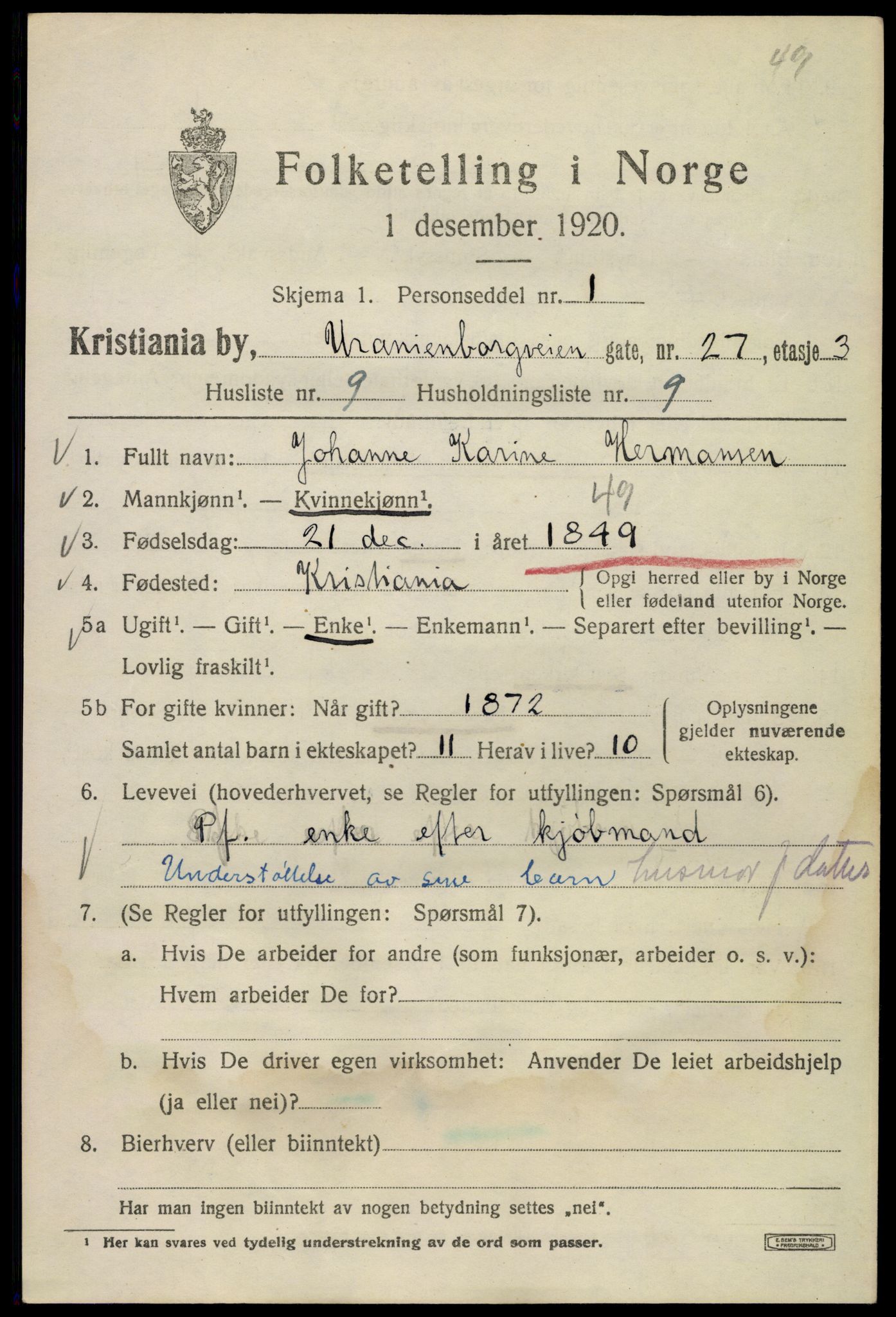 SAO, 1920 census for Kristiania, 1920, p. 620155