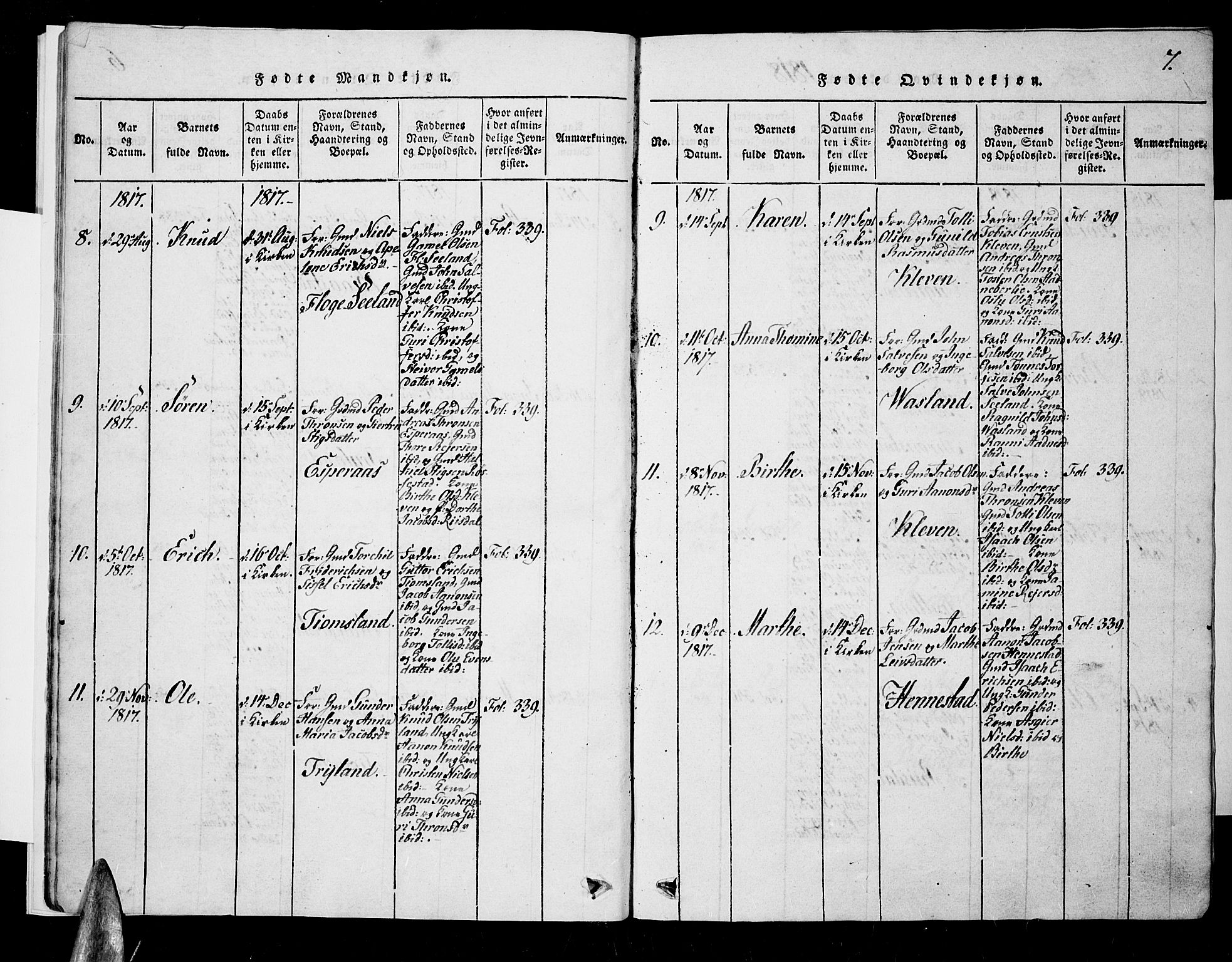 Nord-Audnedal sokneprestkontor, SAK/1111-0032/F/Fa/Fab/L0001: Parish register (official) no. A 1, 1816-1858, p. 7