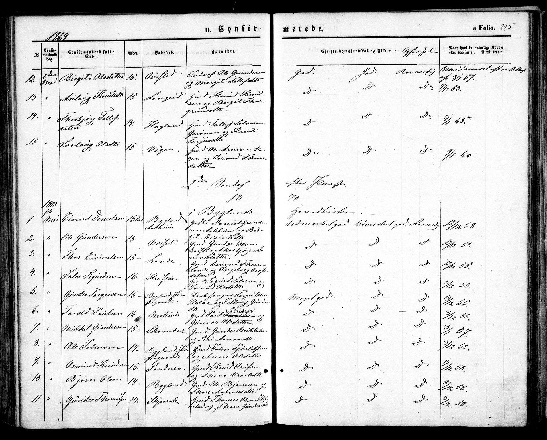 Bygland sokneprestkontor, SAK/1111-0006/F/Fa/Fab/L0005: Parish register (official) no. A 5, 1859-1873, p. 245