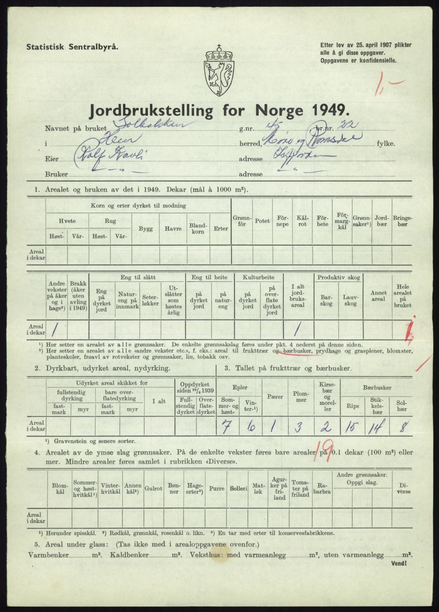Statistisk sentralbyrå, Næringsøkonomiske emner, Jordbruk, skogbruk, jakt, fiske og fangst, AV/RA-S-2234/G/Gc/L0323: Møre og Romsdal: Grytten og Hen, 1949, p. 485