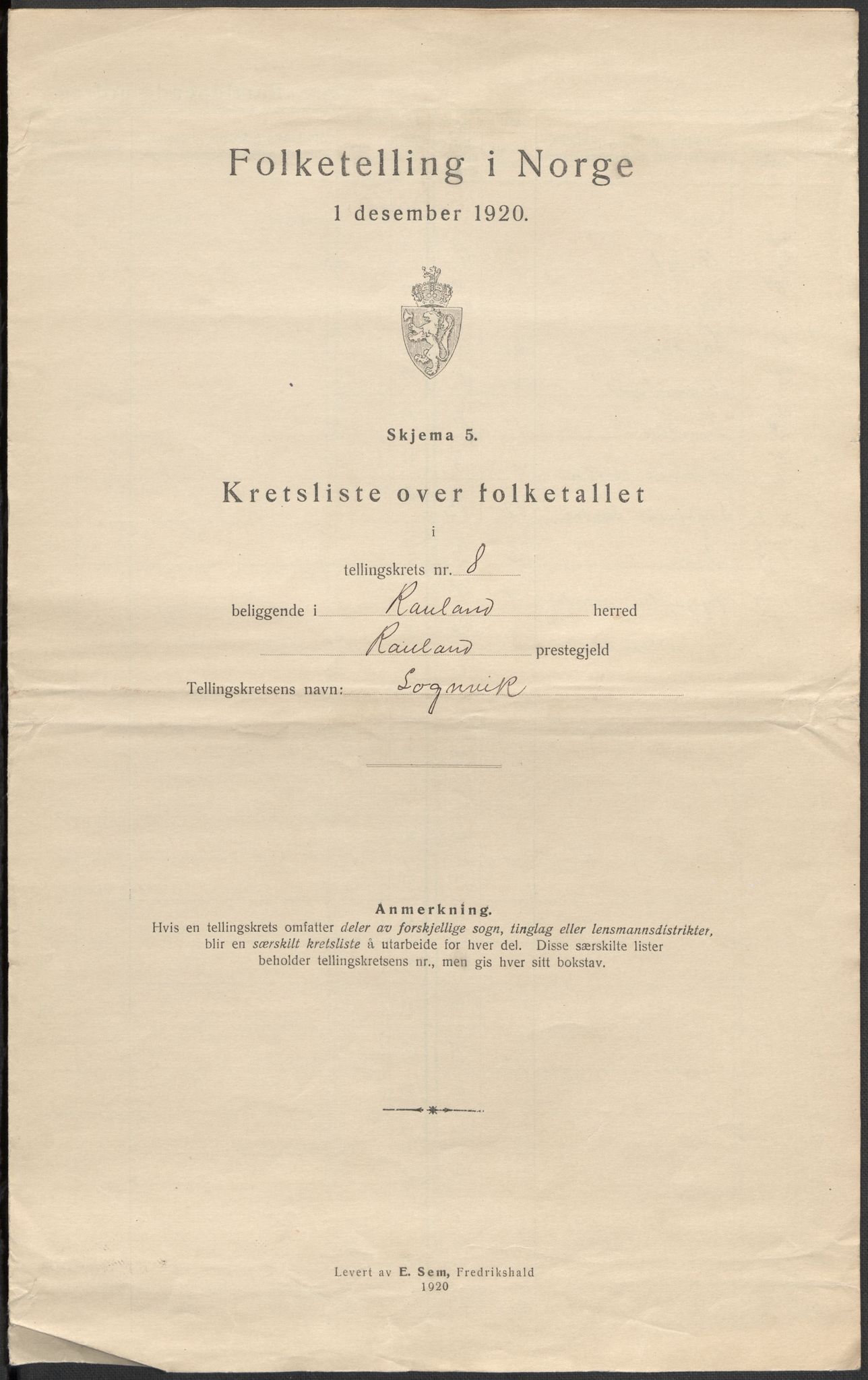 SAKO, 1920 census for Rauland, 1920, p. 26