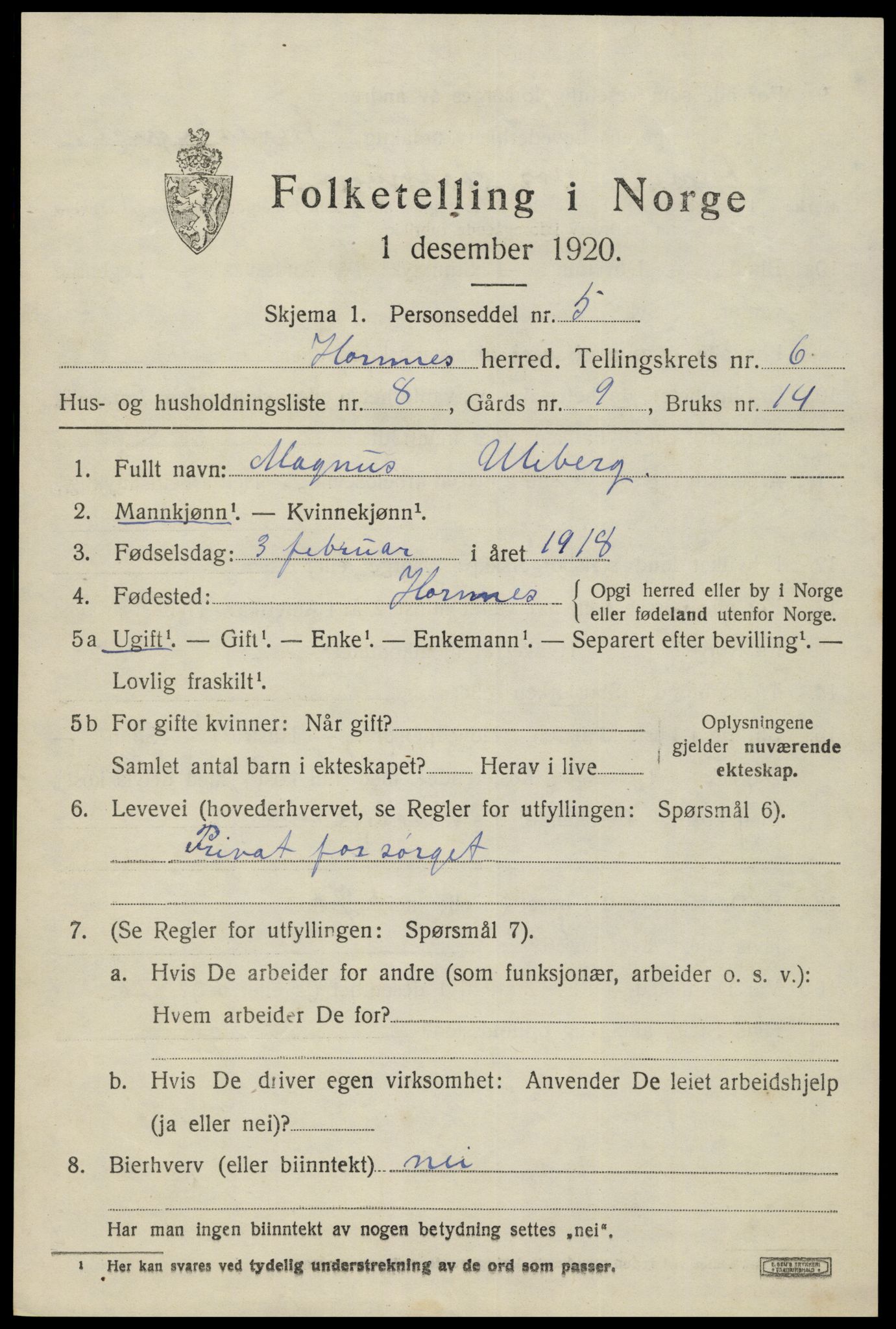 SAK, 1920 census for Hornnes, 1920, p. 1641