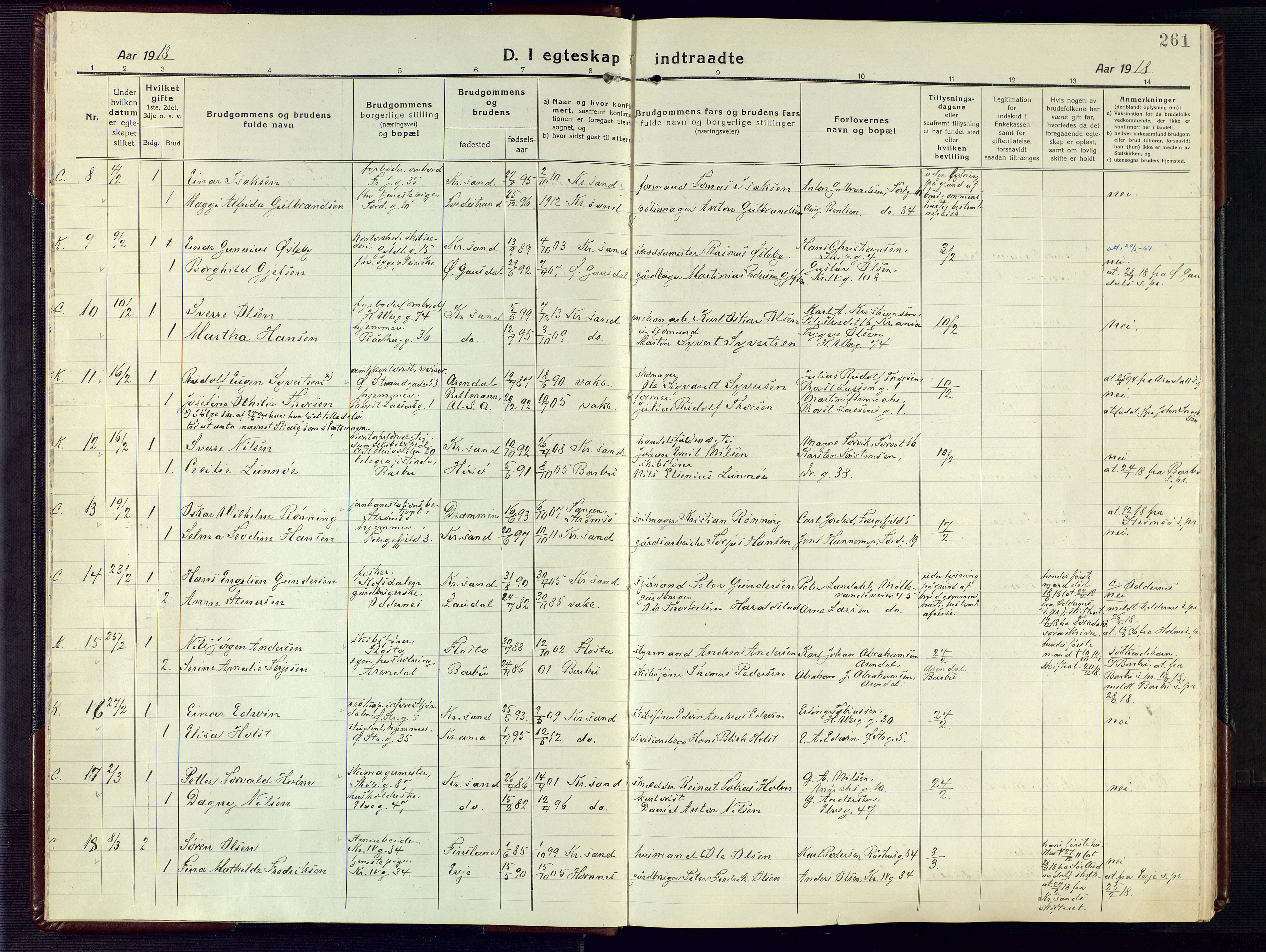 Kristiansand domprosti, AV/SAK-1112-0006/F/Fa/L0028: Parish register (official) no. A 27, 1917-1926, p. 261