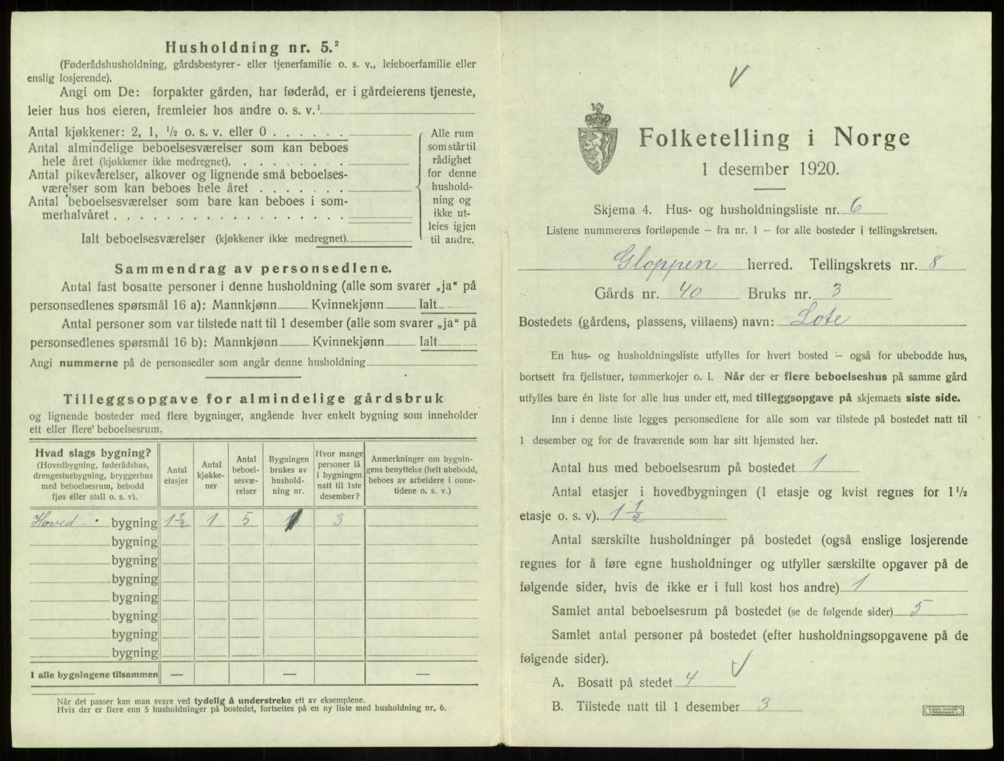 SAB, 1920 census for Gloppen, 1920, p. 580