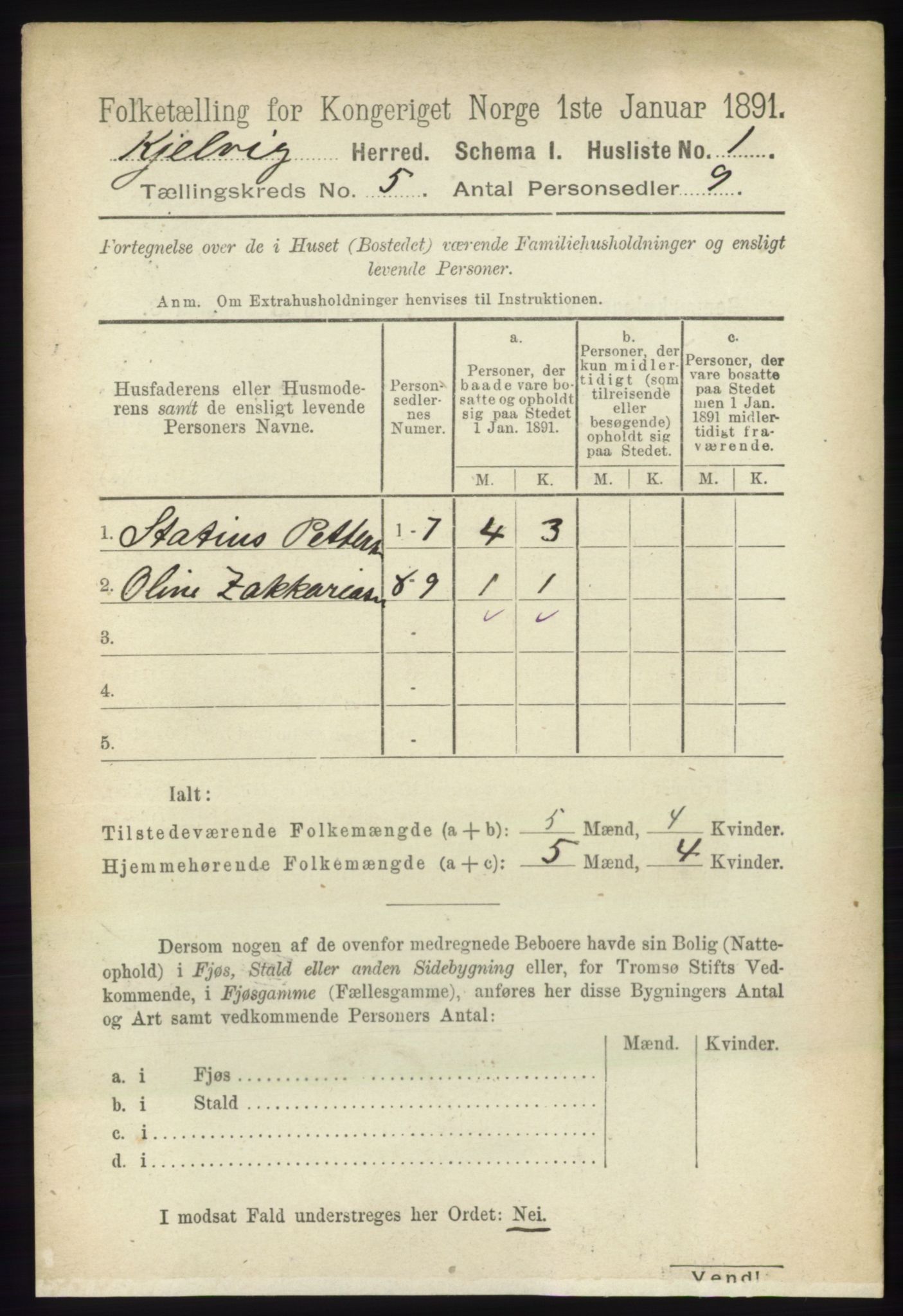 RA, 1891 census for 2019 Kjelvik, 1891, p. 539