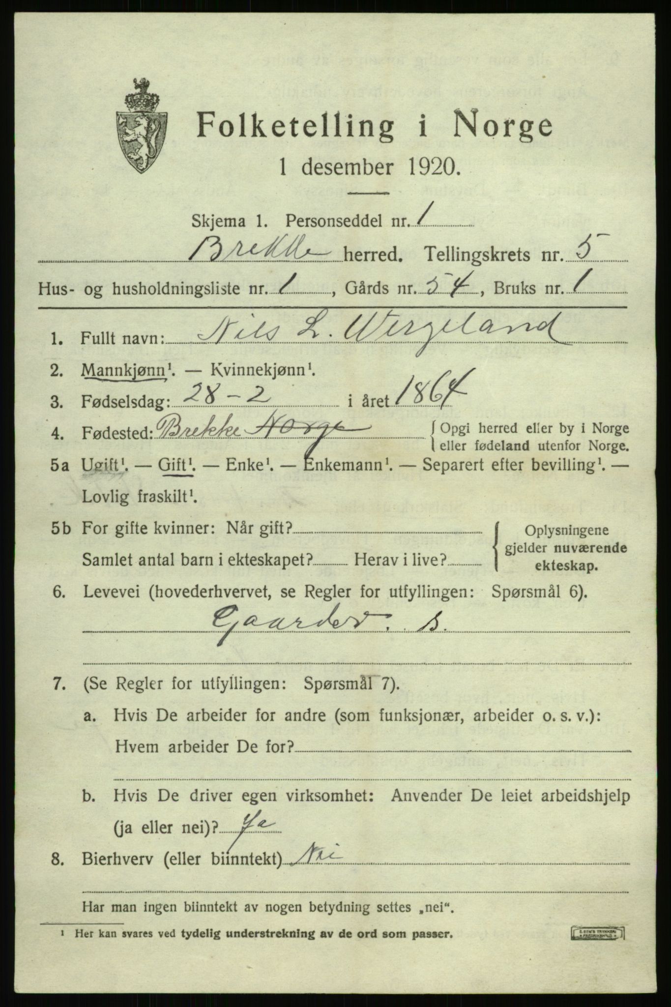 SAB, 1920 census for Brekke, 1920, p. 1062