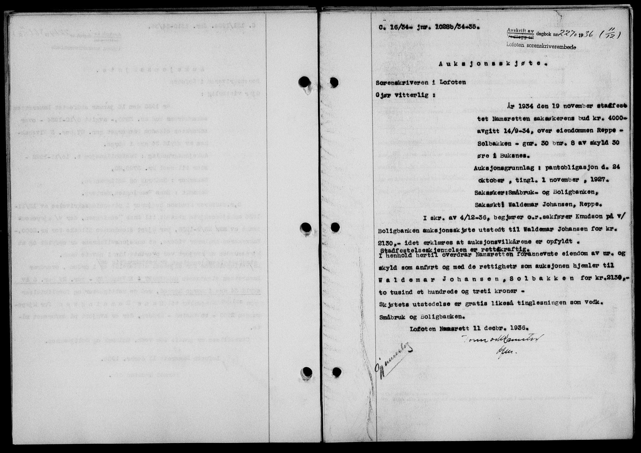 Lofoten sorenskriveri, SAT/A-0017/1/2/2C/L0001a: Mortgage book no. 1a, 1936-1937, Diary no: : 2270/1936
