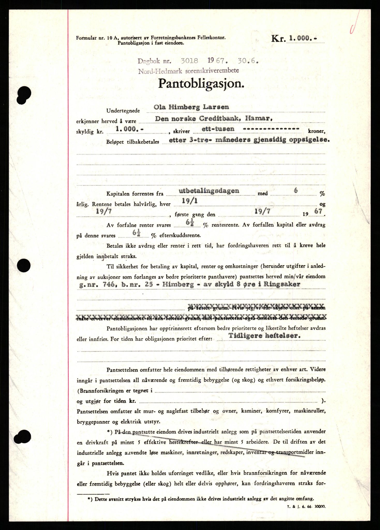 Nord-Hedmark sorenskriveri, SAH/TING-012/H/Hb/Hbf/L0071: Mortgage book no. B71, 1967-1967, Diary no: : 3018/1967