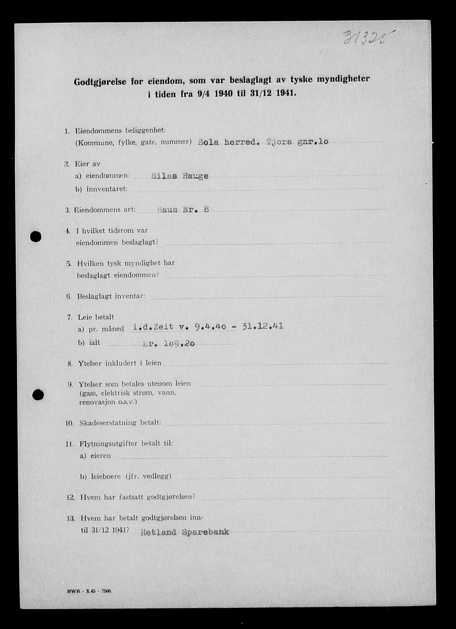 Justisdepartementet, Tilbakeføringskontoret for inndratte formuer, AV/RA-S-1564/I/L1014: Godtgjørelse for beslaglagt eiendom, 1940-1941, p. 308