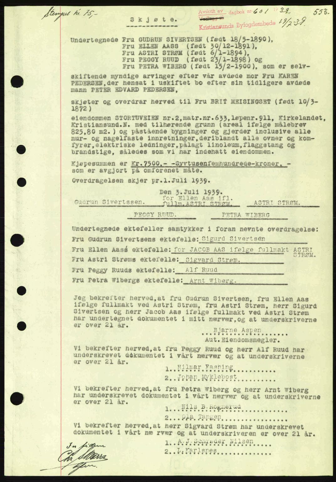 Kristiansund byfogd, AV/SAT-A-4587/A/27: Mortgage book no. 30, 1936-1941, Diary no: : 601/1939