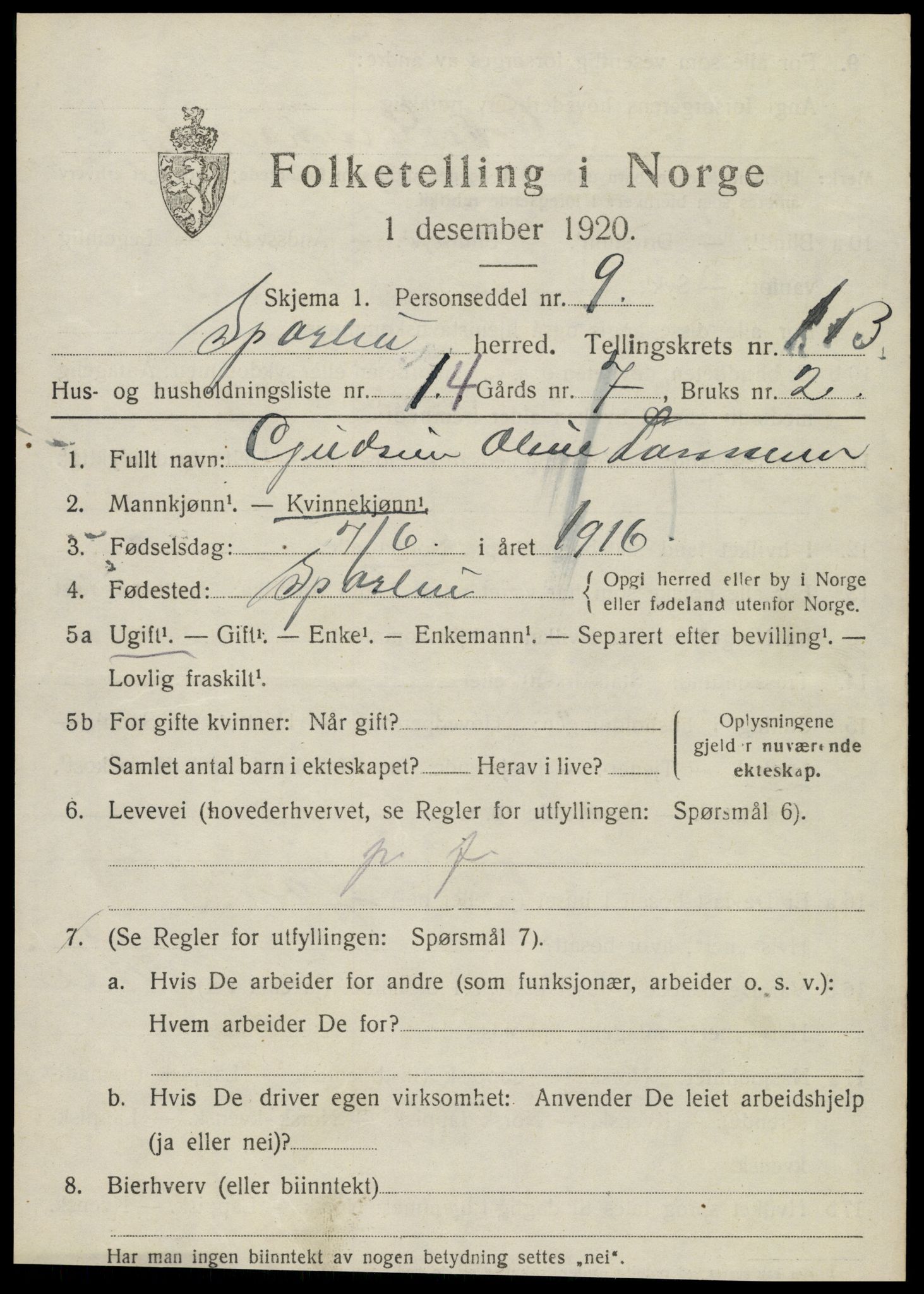 SAT, 1920 census for Sparbu, 1920, p. 2129