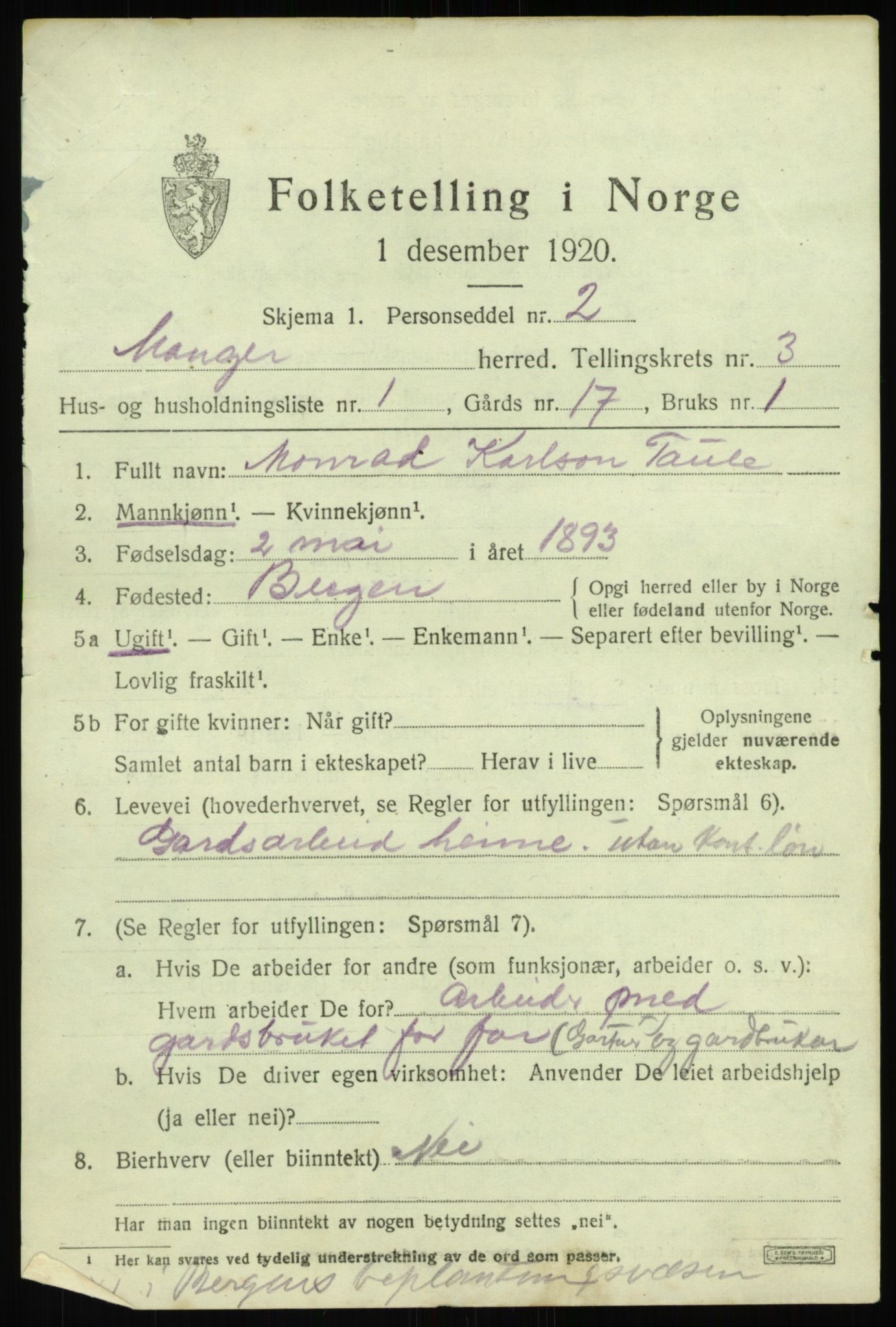 SAB, 1920 census for Manger, 1920, p. 2217