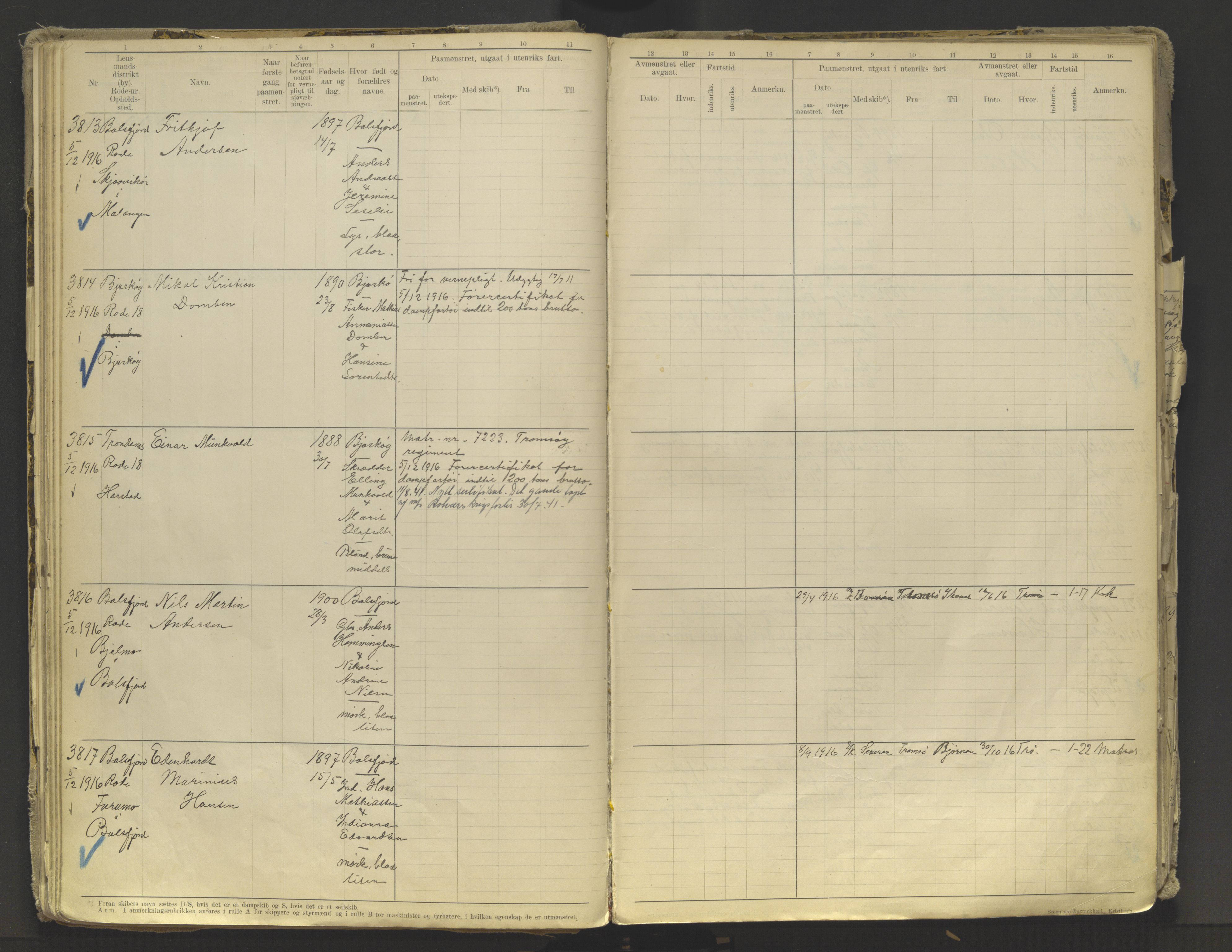 Tromsø sjømannskontor/innrullerings-/mønstringsdistrikt, AV/SATØ-S-0243/F/Fb/L0010: Annotasjonsrulle. Defekt: løs innbinding. Nr. 3519-4972, 1916-1920