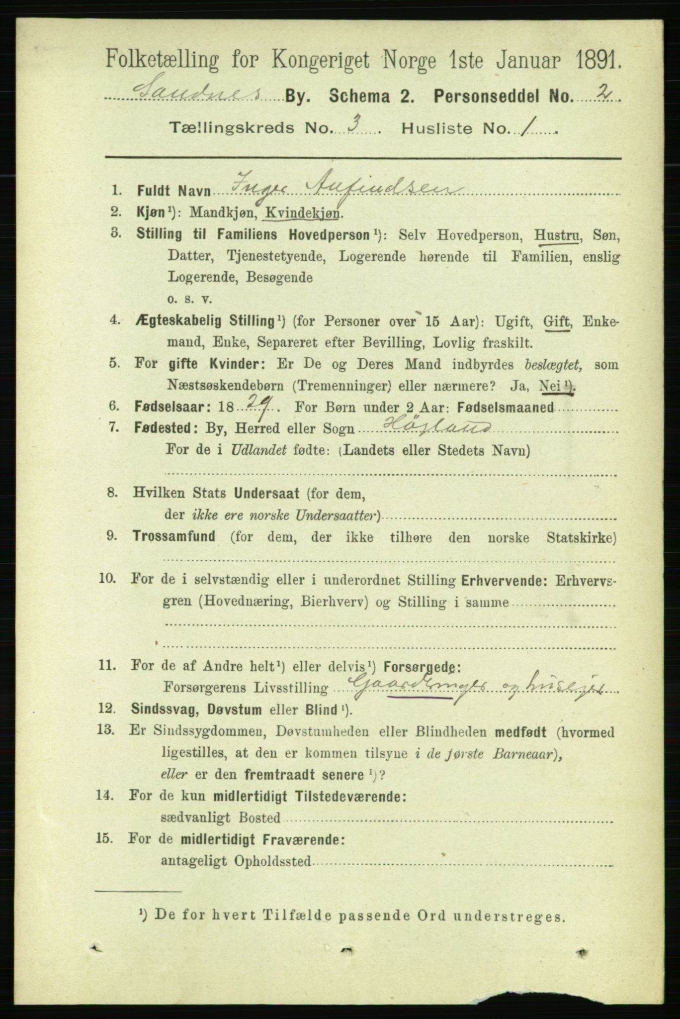 RA, 1891 census for 1102 Sandnes, 1891, p. 1463