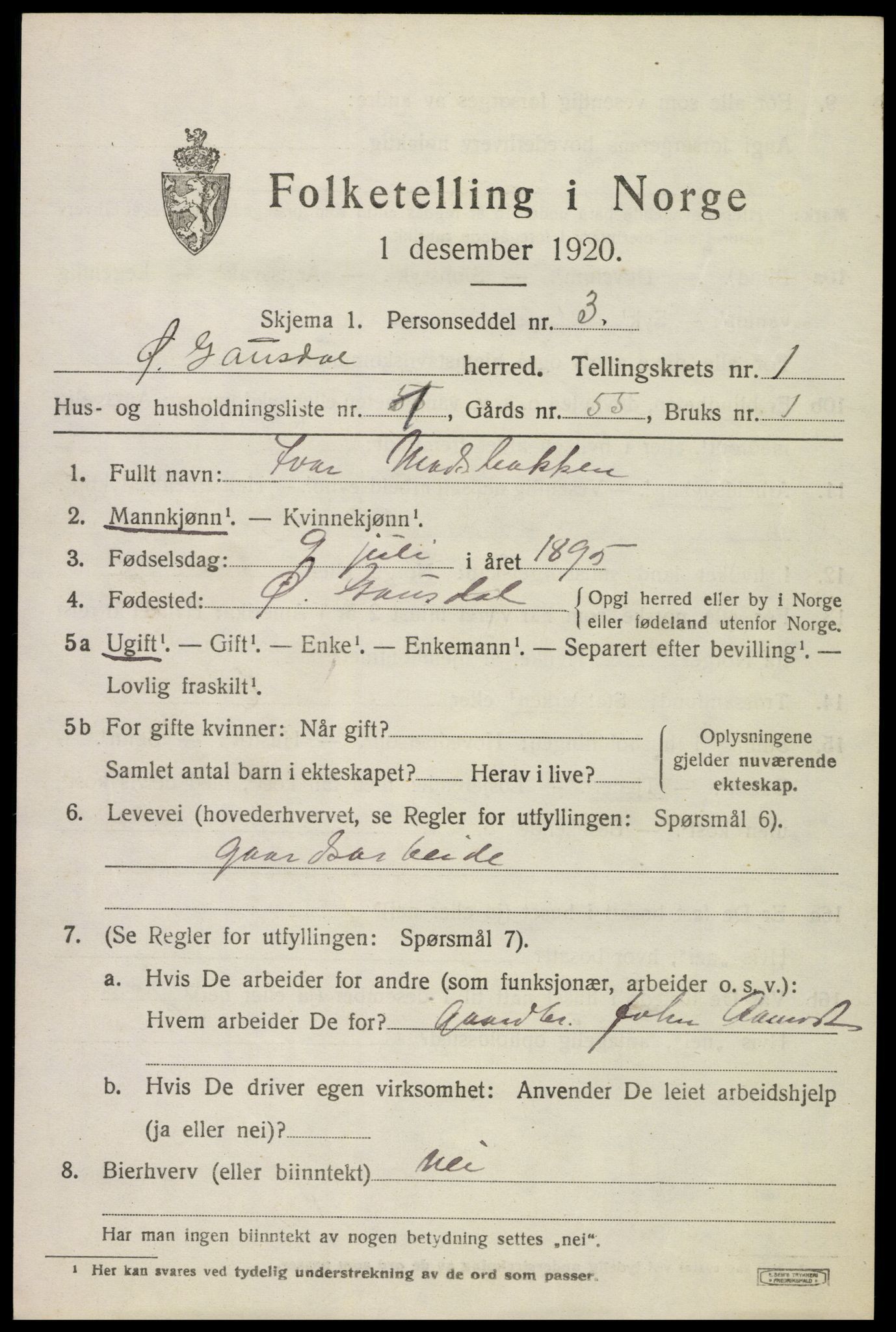 SAH, 1920 census for Østre Gausdal, 1920, p. 1010