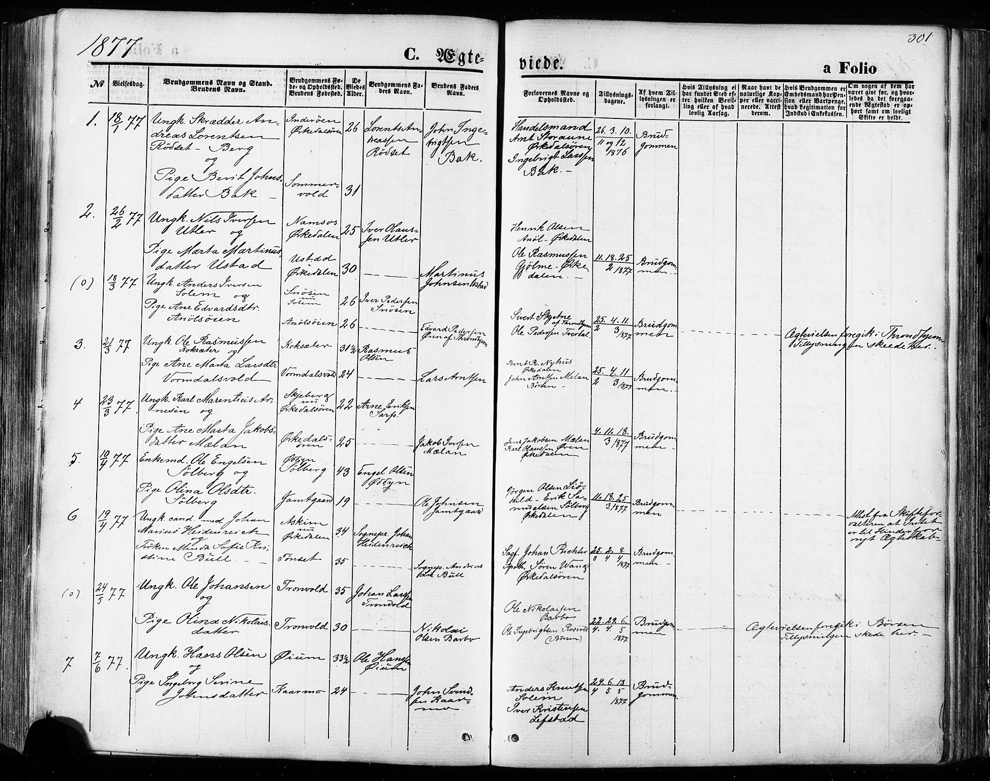 Ministerialprotokoller, klokkerbøker og fødselsregistre - Sør-Trøndelag, SAT/A-1456/668/L0807: Parish register (official) no. 668A07, 1870-1880, p. 301