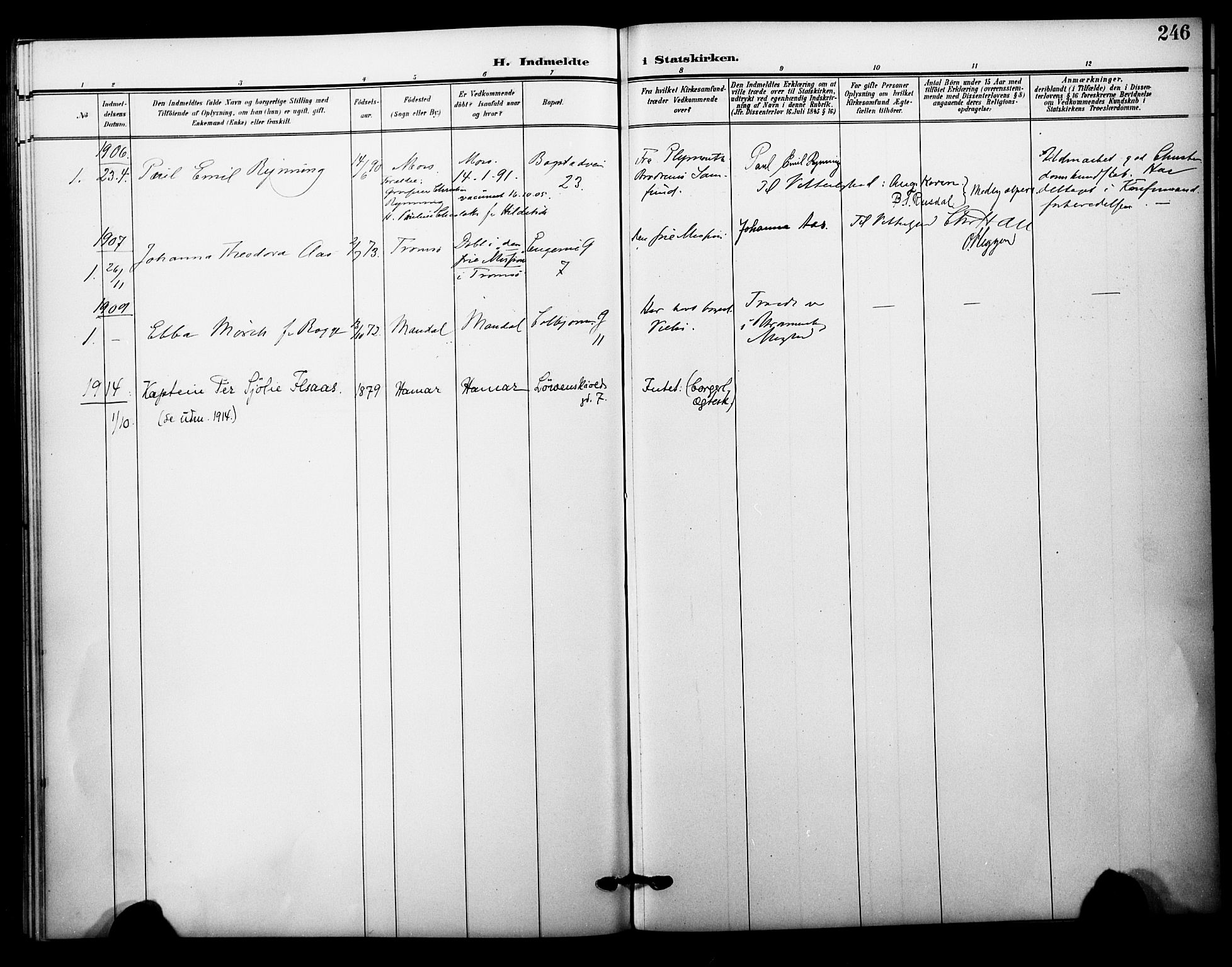 Garnisonsmenigheten Kirkebøker, AV/SAO-A-10846/F/Fa/L0014: Parish register (official) no. 14, 1905-1914, p. 246