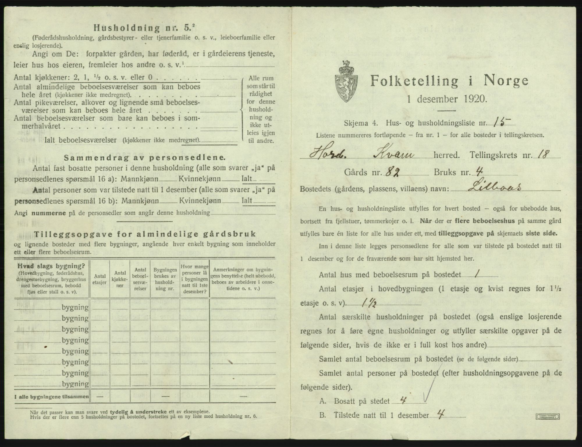 SAB, 1920 census for Kvam, 1920, p. 1433