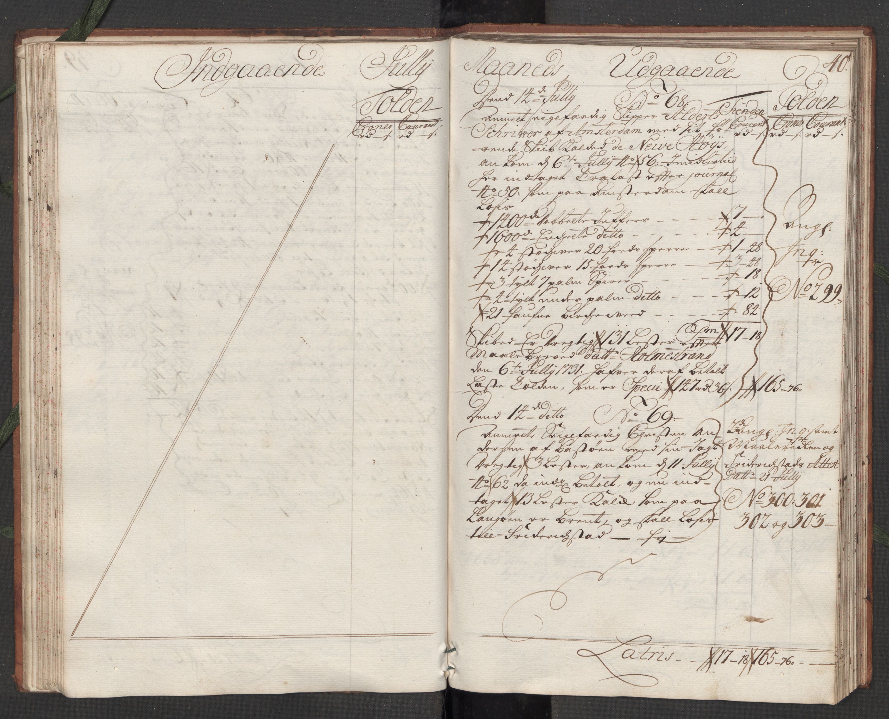 Generaltollkammeret, tollregnskaper, AV/RA-EA-5490/R09/L0007/0001: Tollregnskaper Holmestrand / Hovedtollbok, 1731, p. 39b-40a