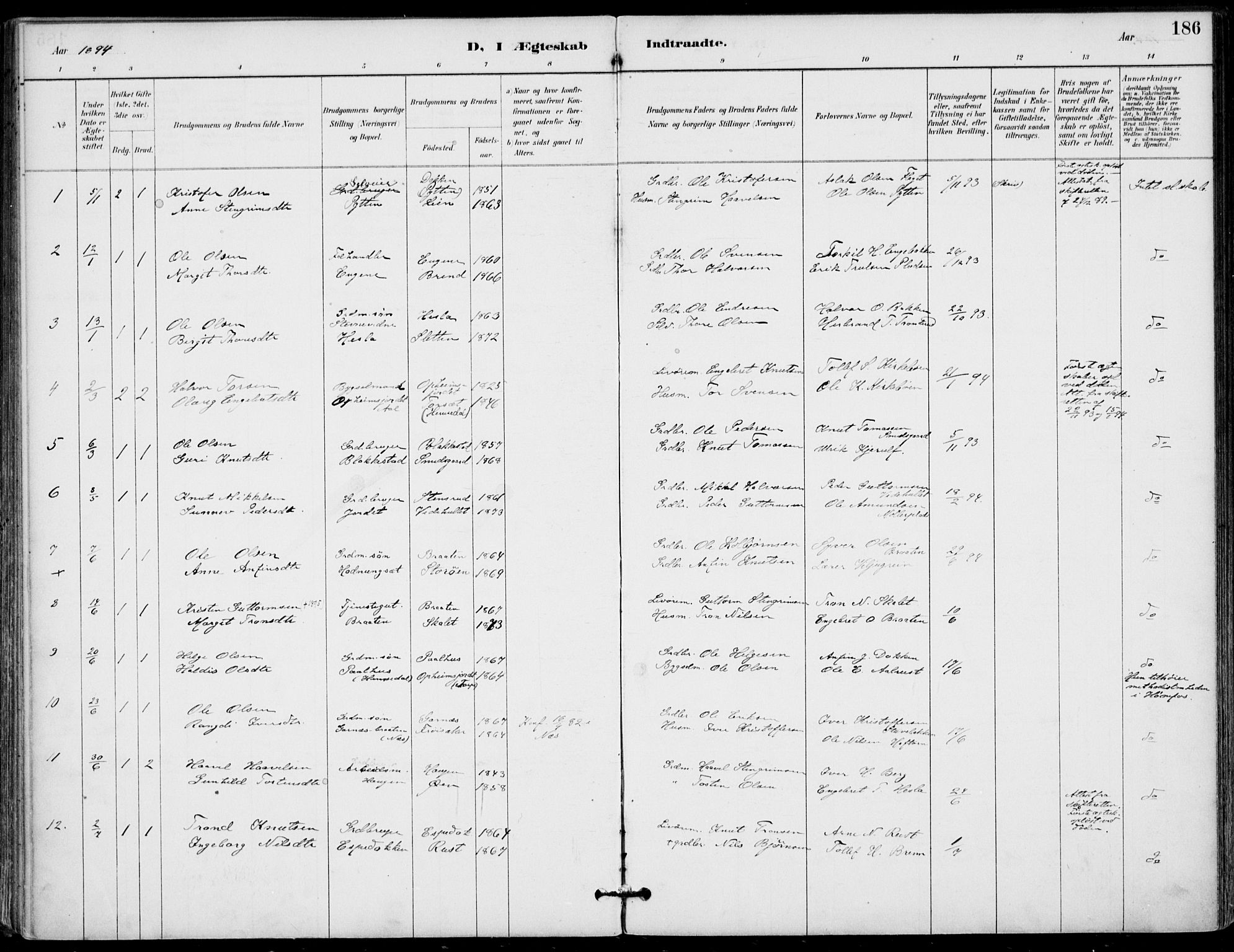 Gol kirkebøker, SAKO/A-226/F/Fa/L0005: Parish register (official) no. I 5, 1887-1900, p. 186