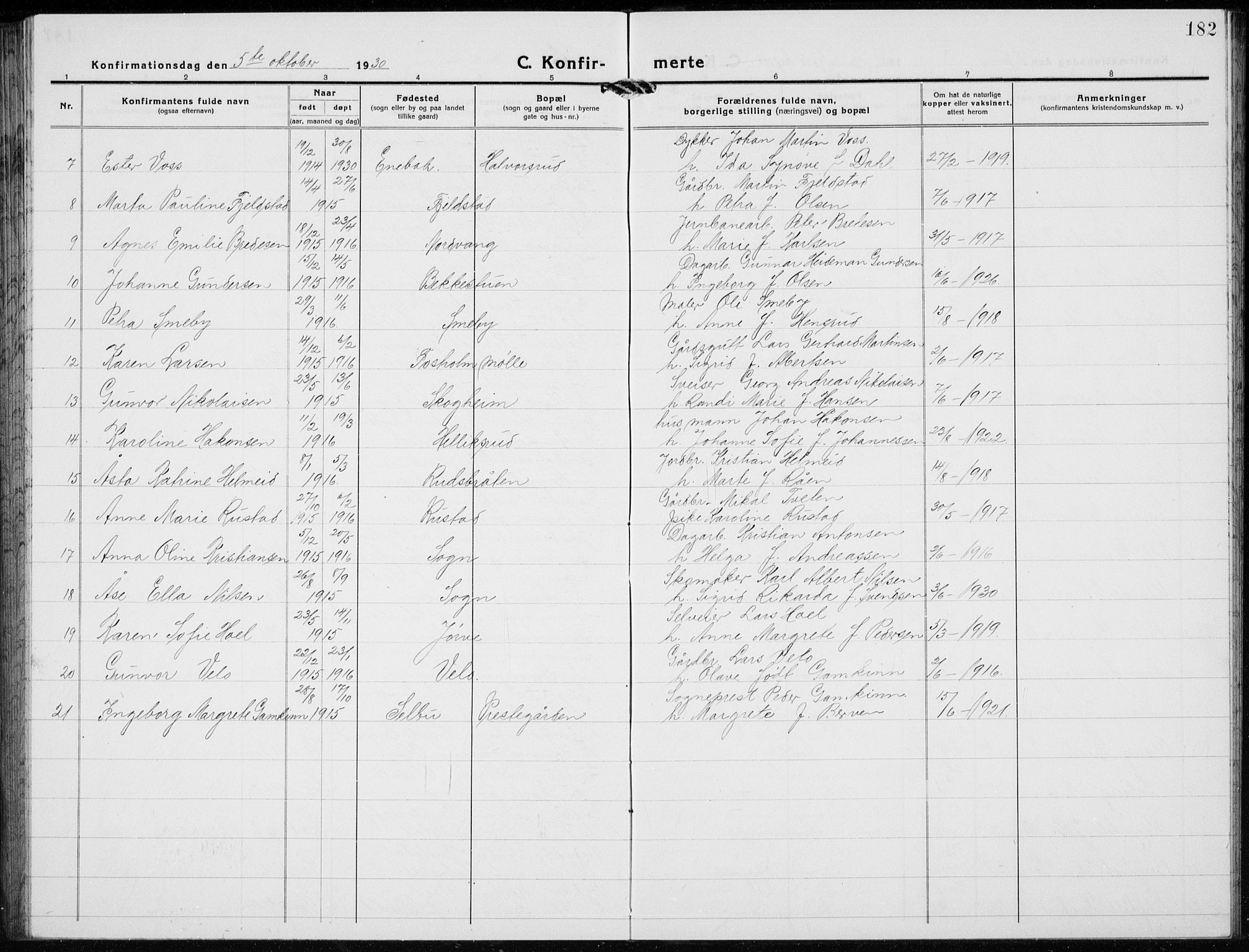 Jevnaker prestekontor, SAH/PREST-116/H/Ha/Hab/L0005: Parish register (copy) no. 5, 1919-1934, p. 182