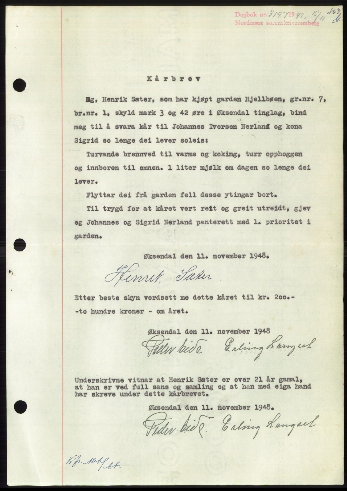 Nordmøre sorenskriveri, AV/SAT-A-4132/1/2/2Ca: Mortgage book no. B100, 1948-1949, Diary no: : 3197/1948