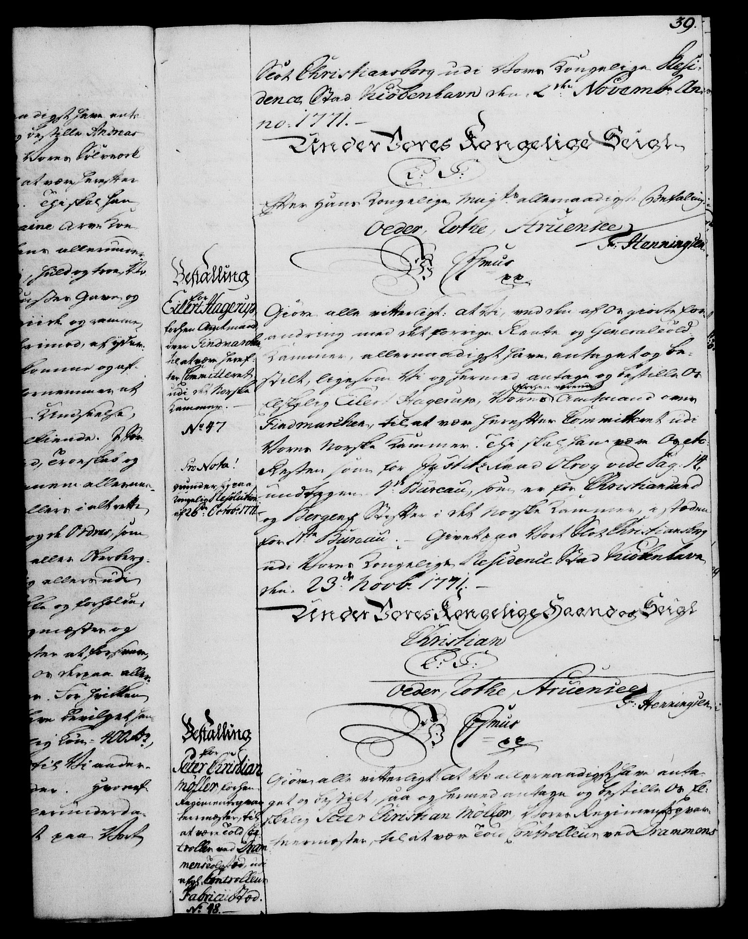 Rentekammeret, Kammerkanselliet, RA/EA-3111/G/Gg/Gge/L0005: Norsk bestallingsprotokoll med register (merket RK 53.29), 1771-1773, p. 39