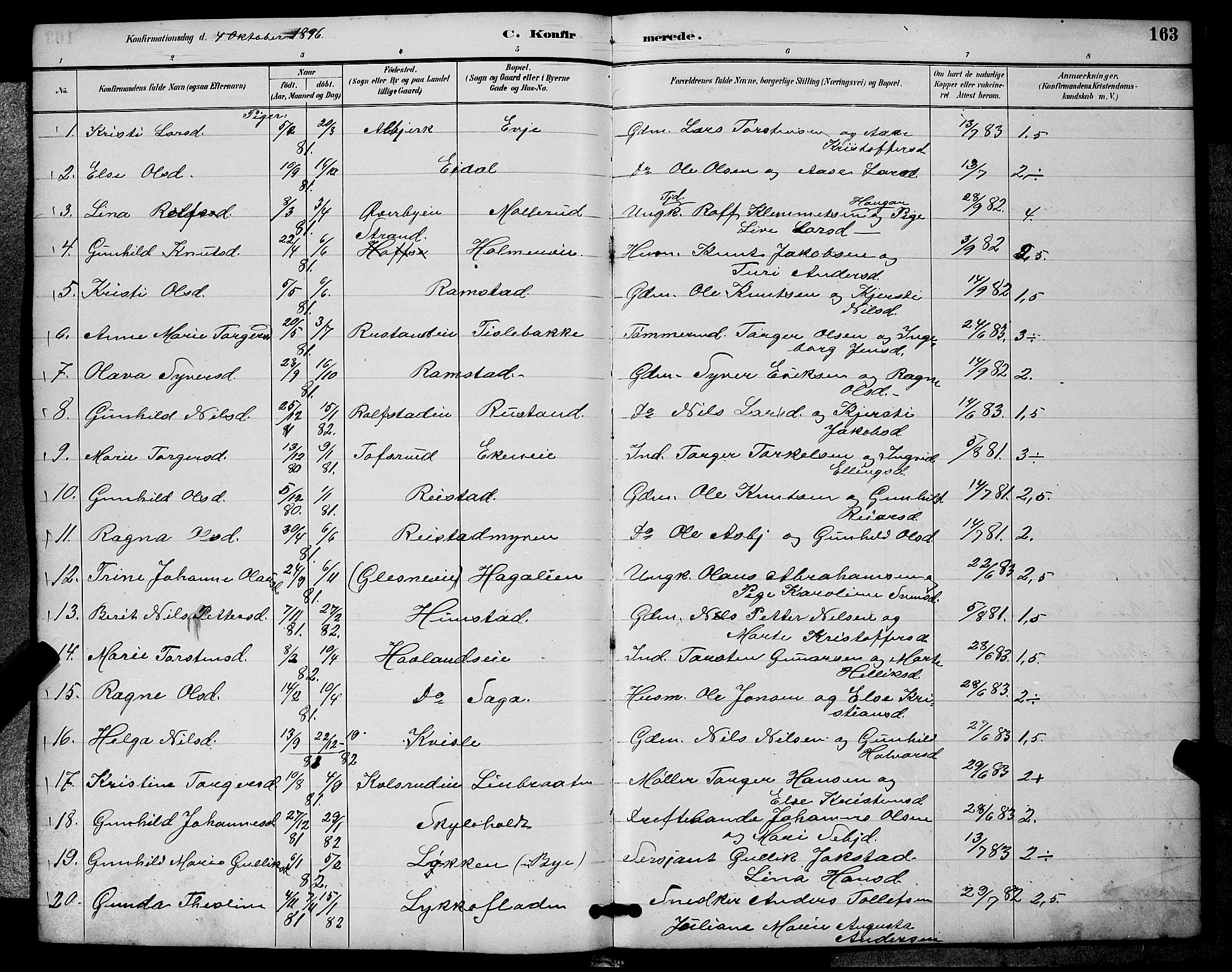 Sigdal kirkebøker, SAKO/A-245/G/Ga/L0005: Parish register (copy) no. I 5, 1886-1900, p. 163