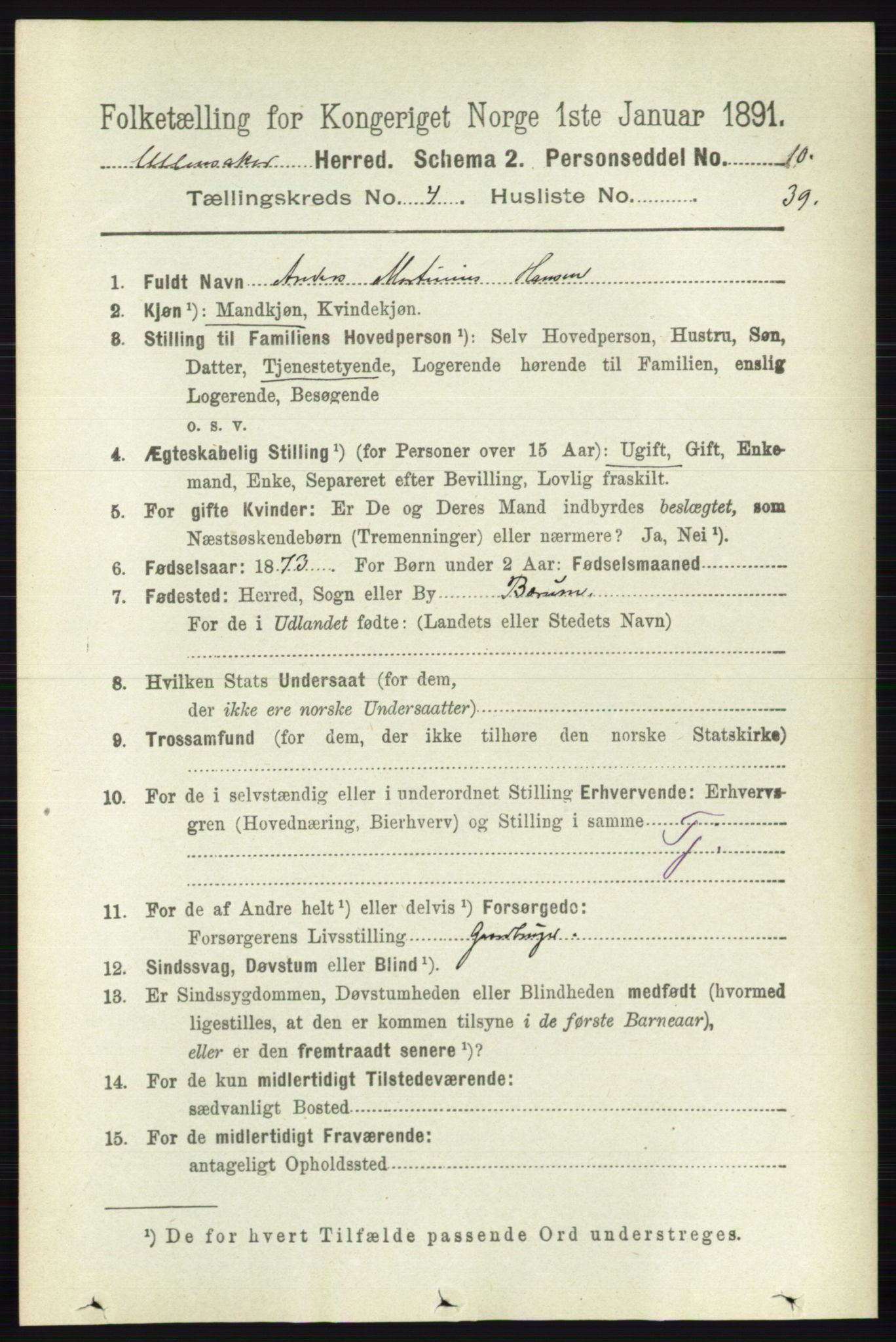 RA, 1891 census for 0235 Ullensaker, 1891, p. 1721