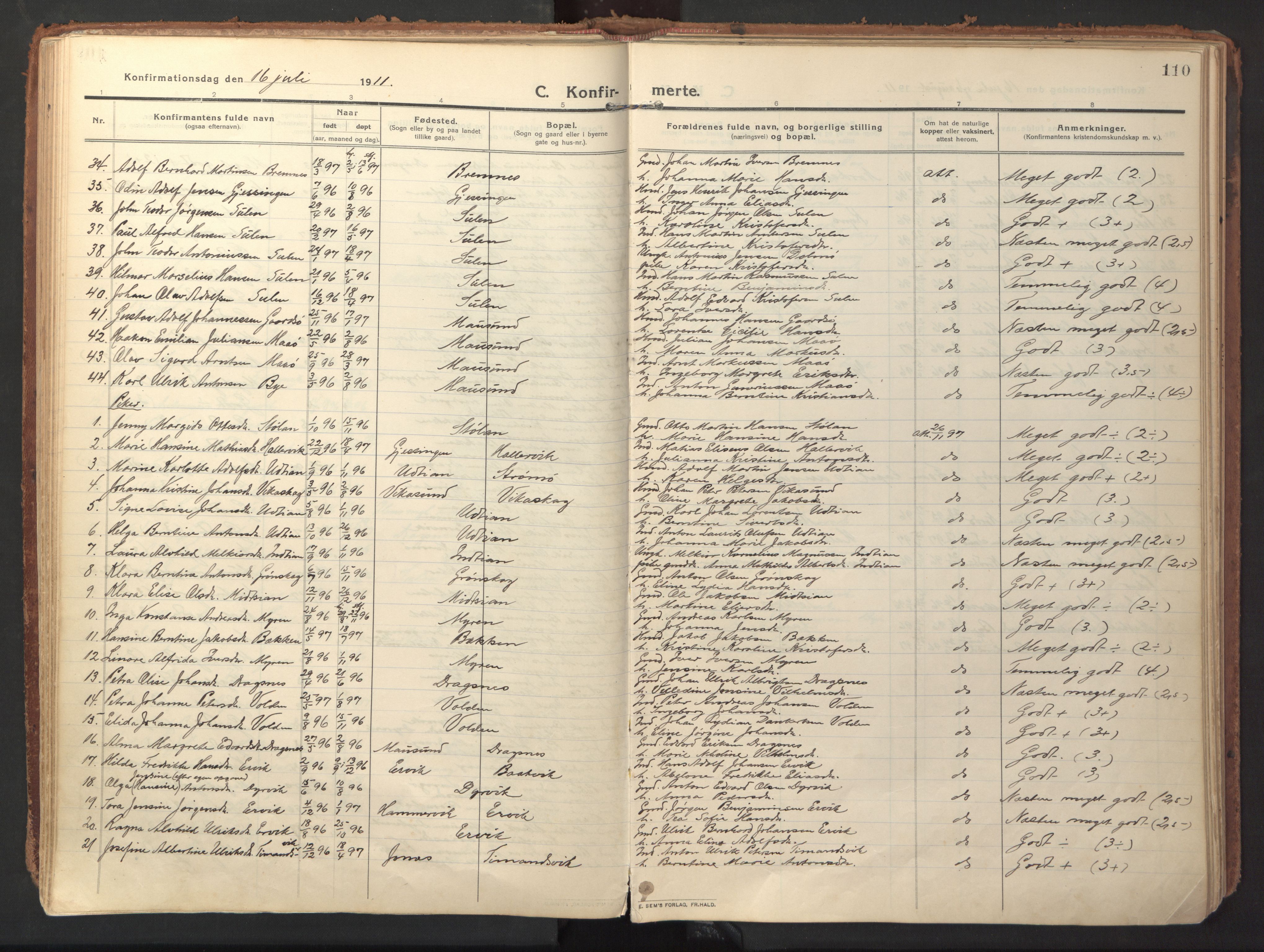 Ministerialprotokoller, klokkerbøker og fødselsregistre - Sør-Trøndelag, SAT/A-1456/640/L0581: Parish register (official) no. 640A06, 1910-1924, p. 110