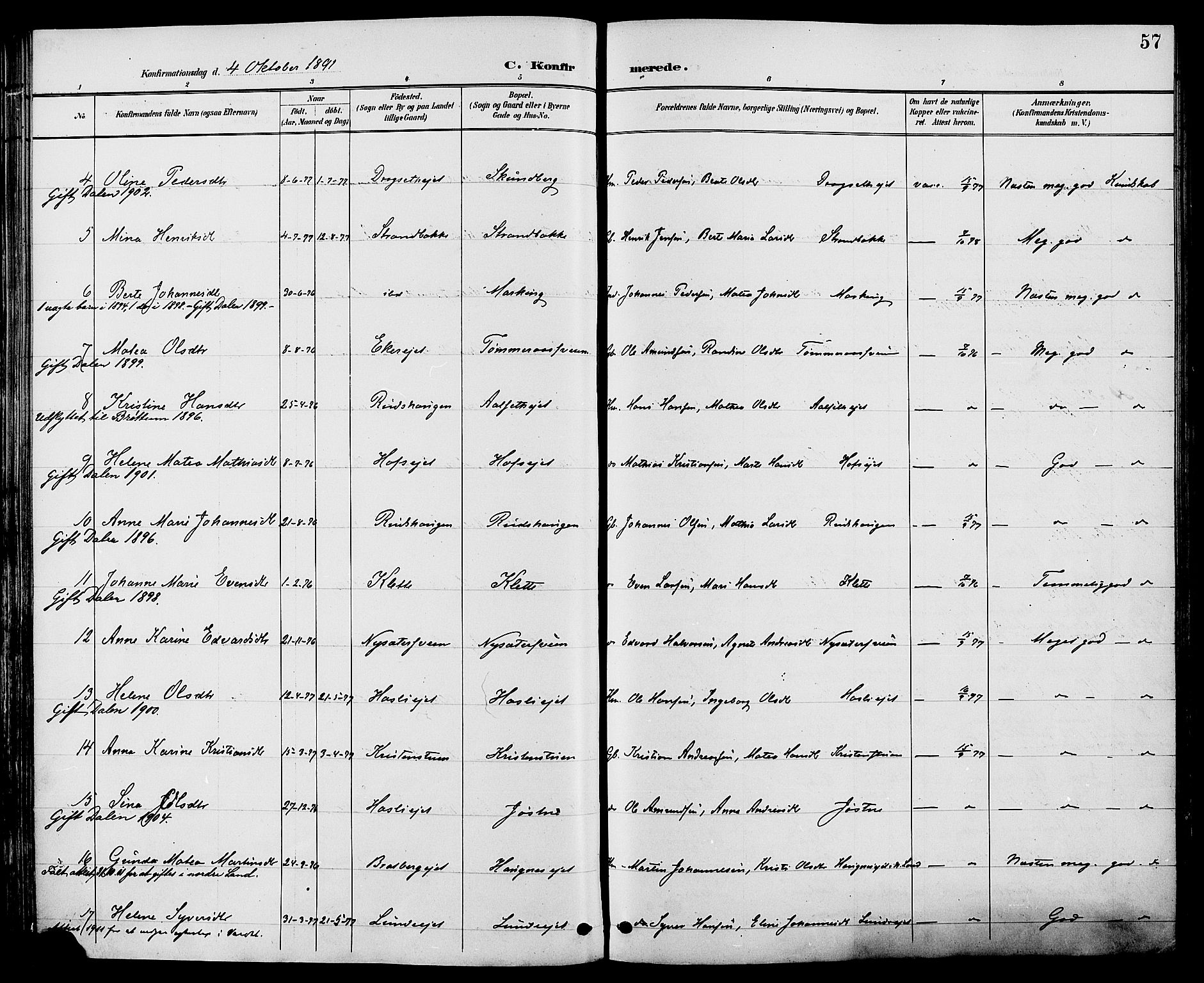 Biri prestekontor, SAH/PREST-096/H/Ha/Haa/L0007: Parish register (official) no. 7, 1887-1893, p. 57