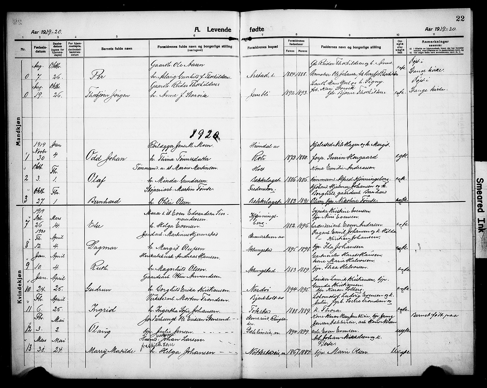 Stange prestekontor, AV/SAH-PREST-002/L/L0015: Parish register (copy) no. 15, 1916-1928, p. 22