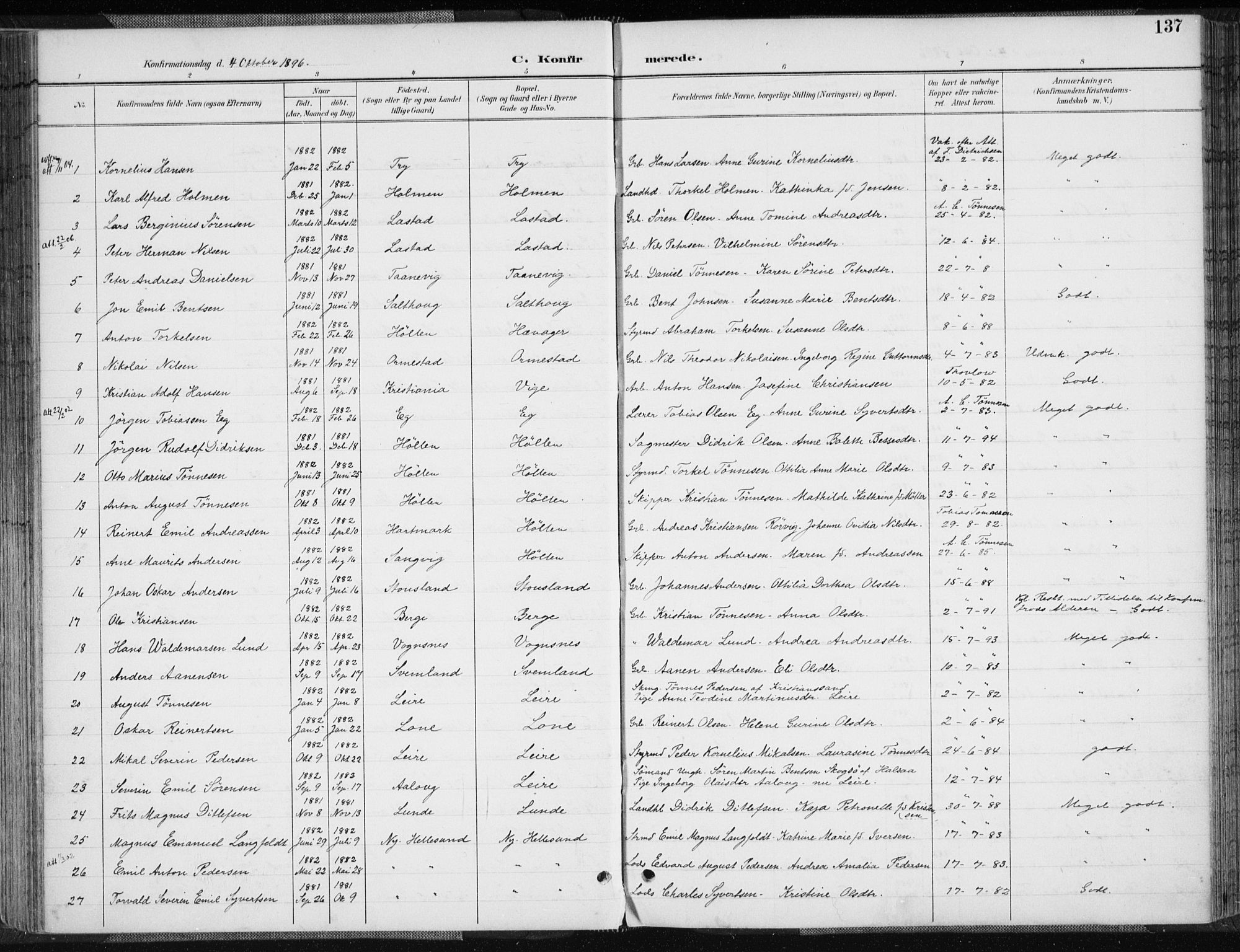 Søgne sokneprestkontor, SAK/1111-0037/F/Fa/Fab/L0013: Parish register (official) no. A 13, 1892-1911, p. 137