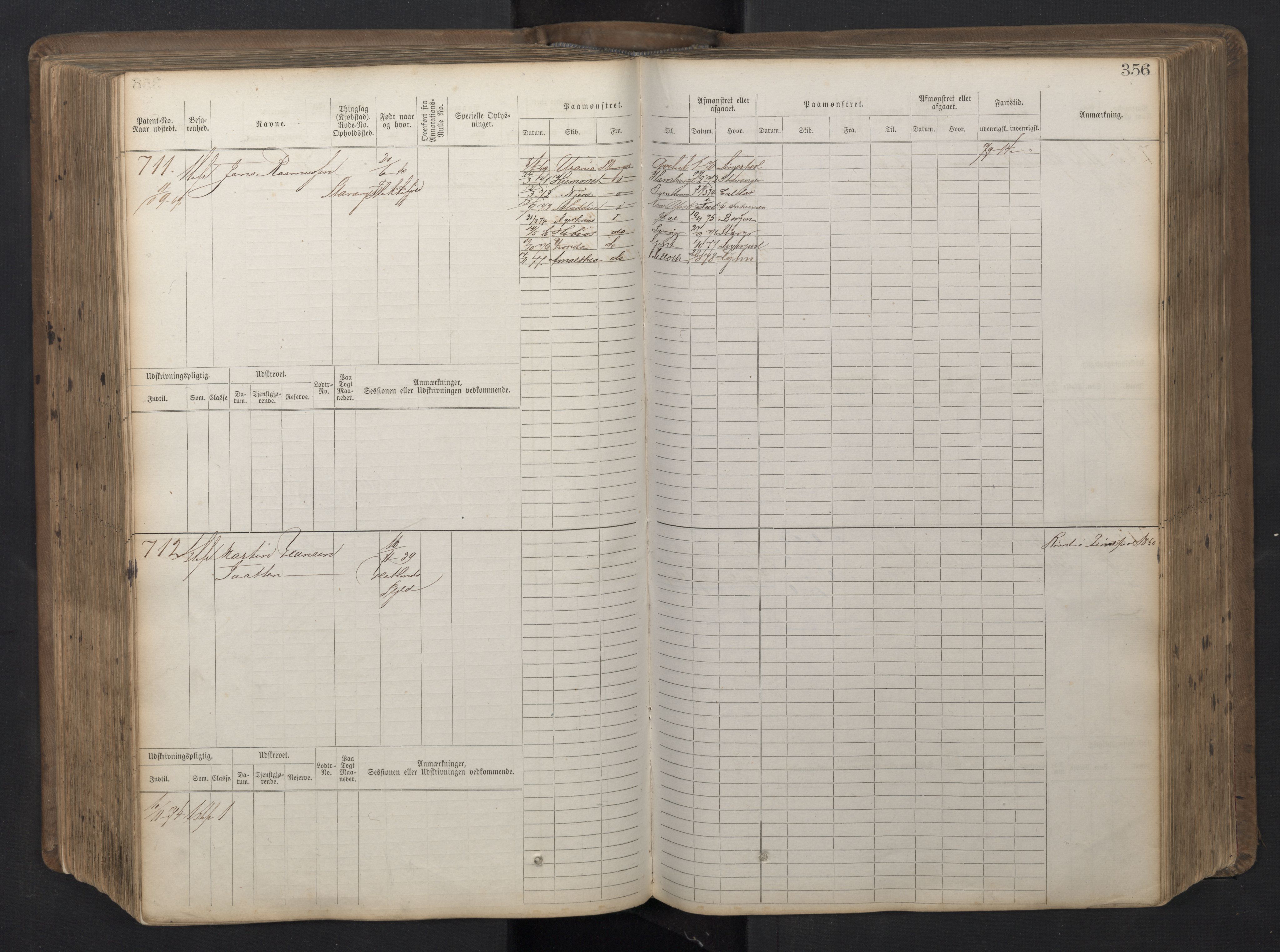 Stavanger sjømannskontor, AV/SAST-A-102006/F/Fb/Fbb/L0016: Sjøfartshovedrulle patnentnr. 1-1202 (dublett), 1869, p. 356