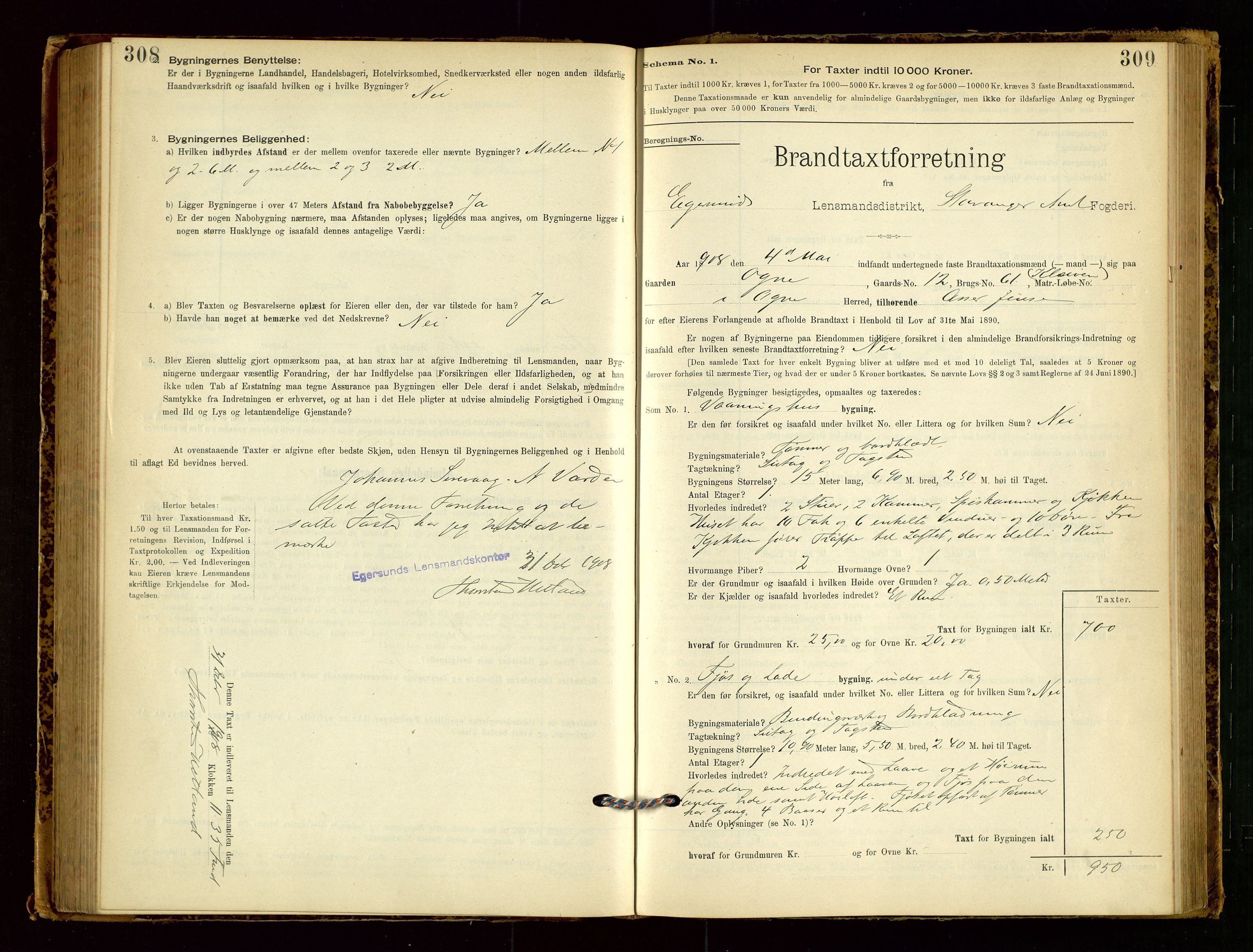 Eigersund lensmannskontor, AV/SAST-A-100171/Gob/L0001: Skjemaprotokoll, 1894-1909, p. 308-309