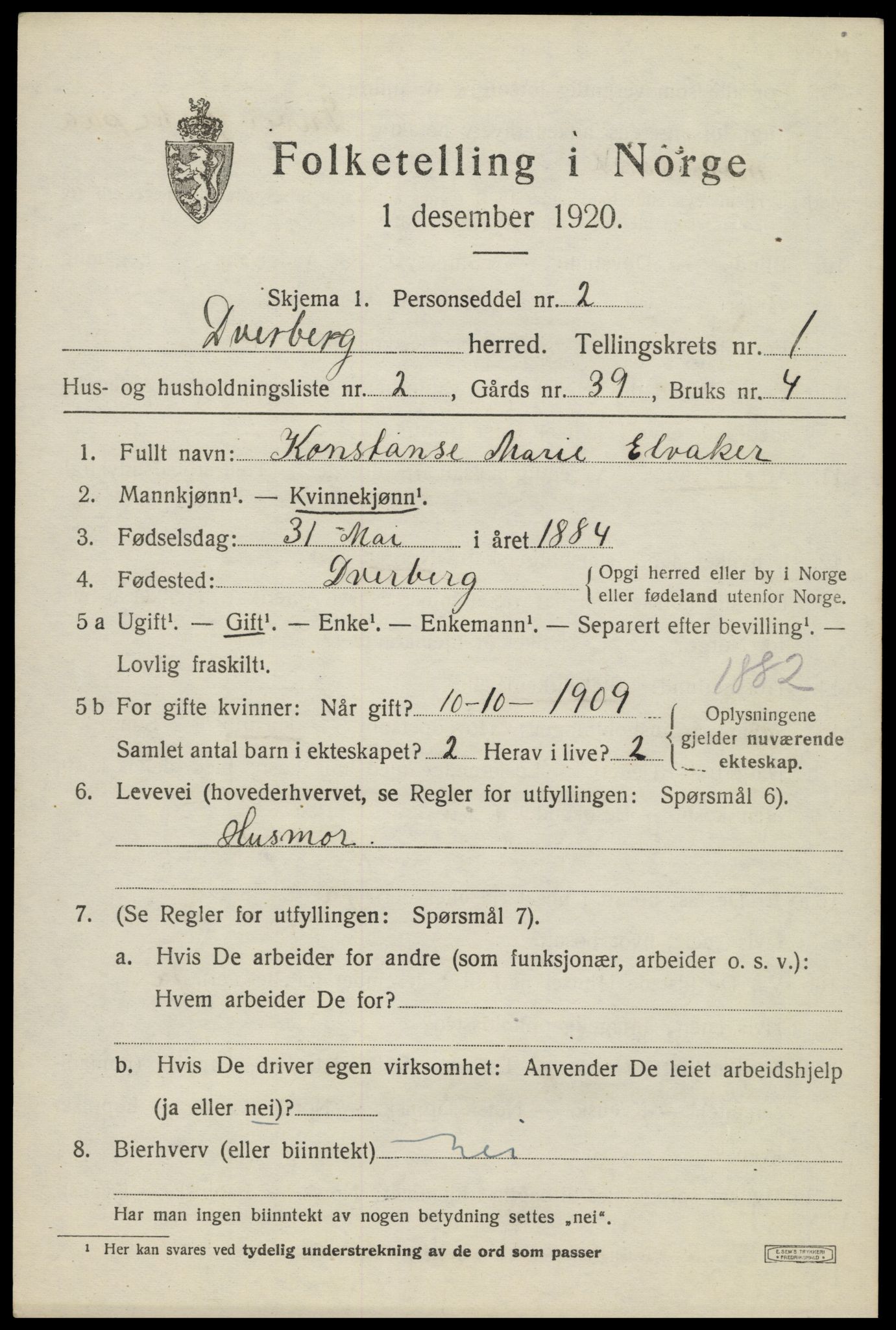 SAT, 1920 census for Dverberg, 1920, p. 1870