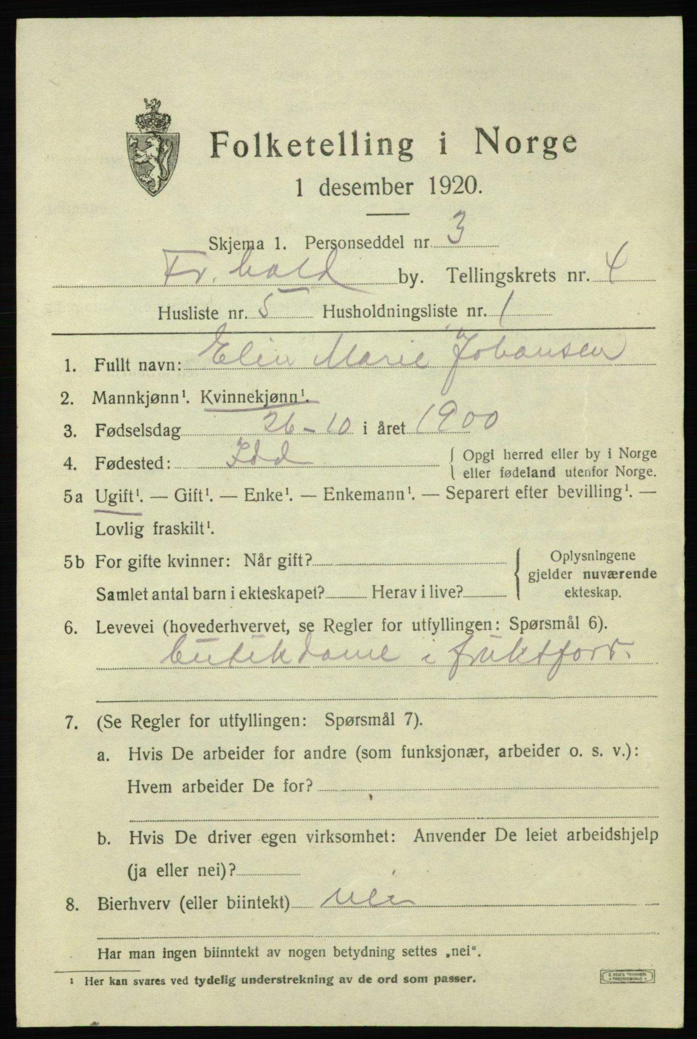 SAO, 1920 census for Fredrikshald, 1920, p. 11357