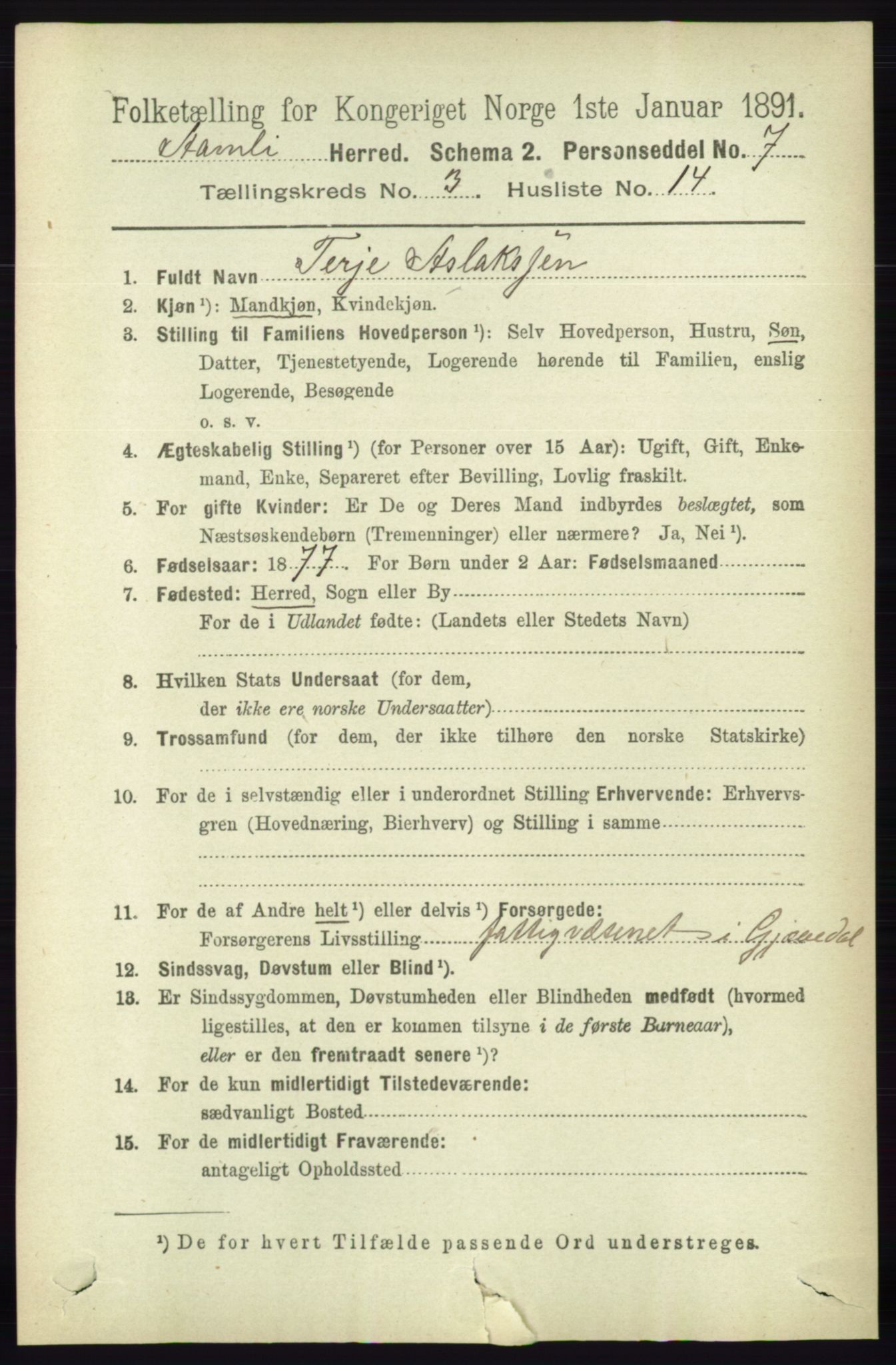 RA, 1891 census for 0929 Åmli, 1891, p. 405