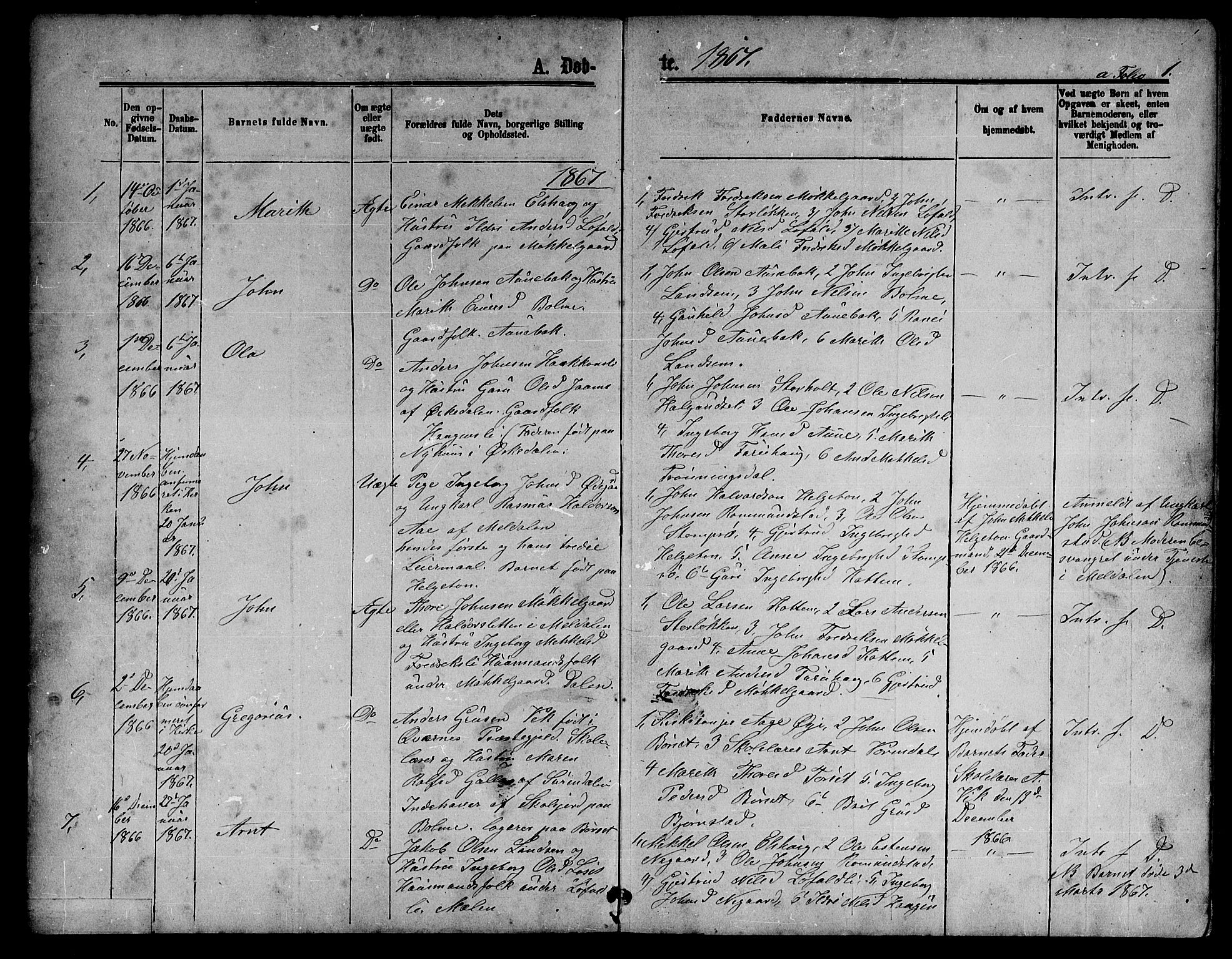 Ministerialprotokoller, klokkerbøker og fødselsregistre - Møre og Romsdal, SAT/A-1454/598/L1076: Parish register (copy) no. 598C01, 1867-1878, p. 1