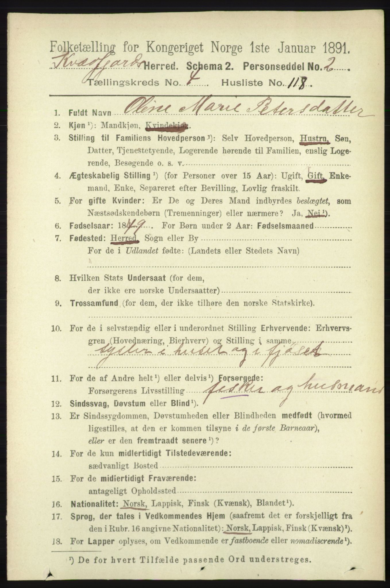 RA, 1891 census for 1911 Kvæfjord, 1891, p. 2648