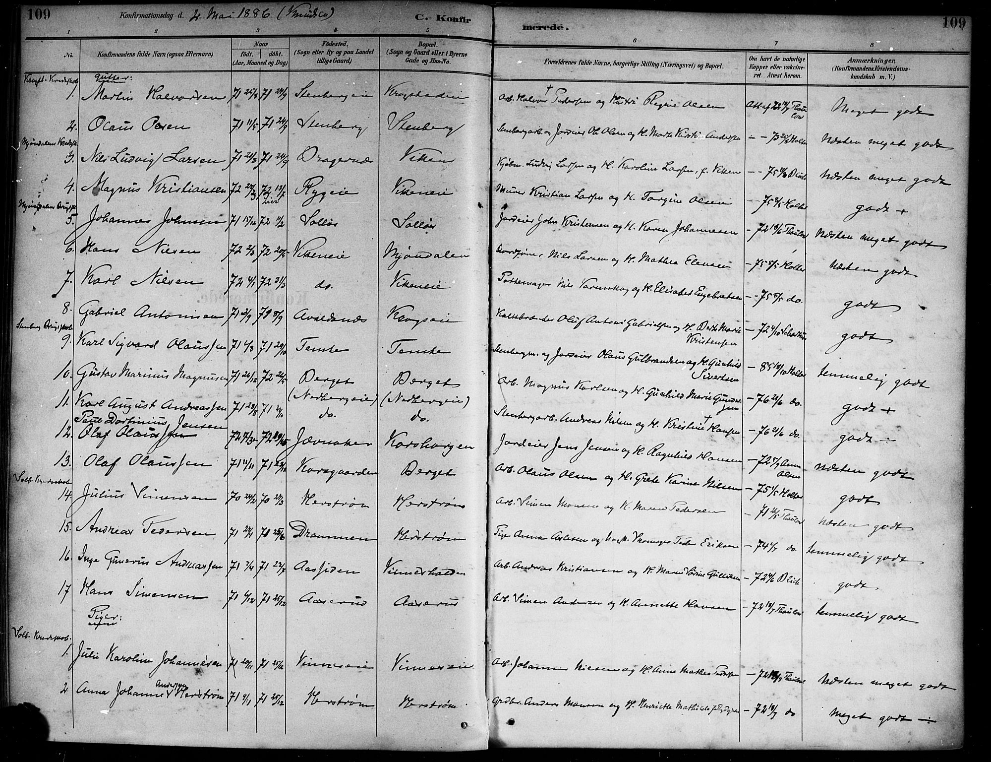 Nedre Eiker kirkebøker, SAKO/A-612/F/Fa/L0003: Parish register (official) no. 3, 1885-1892, p. 109