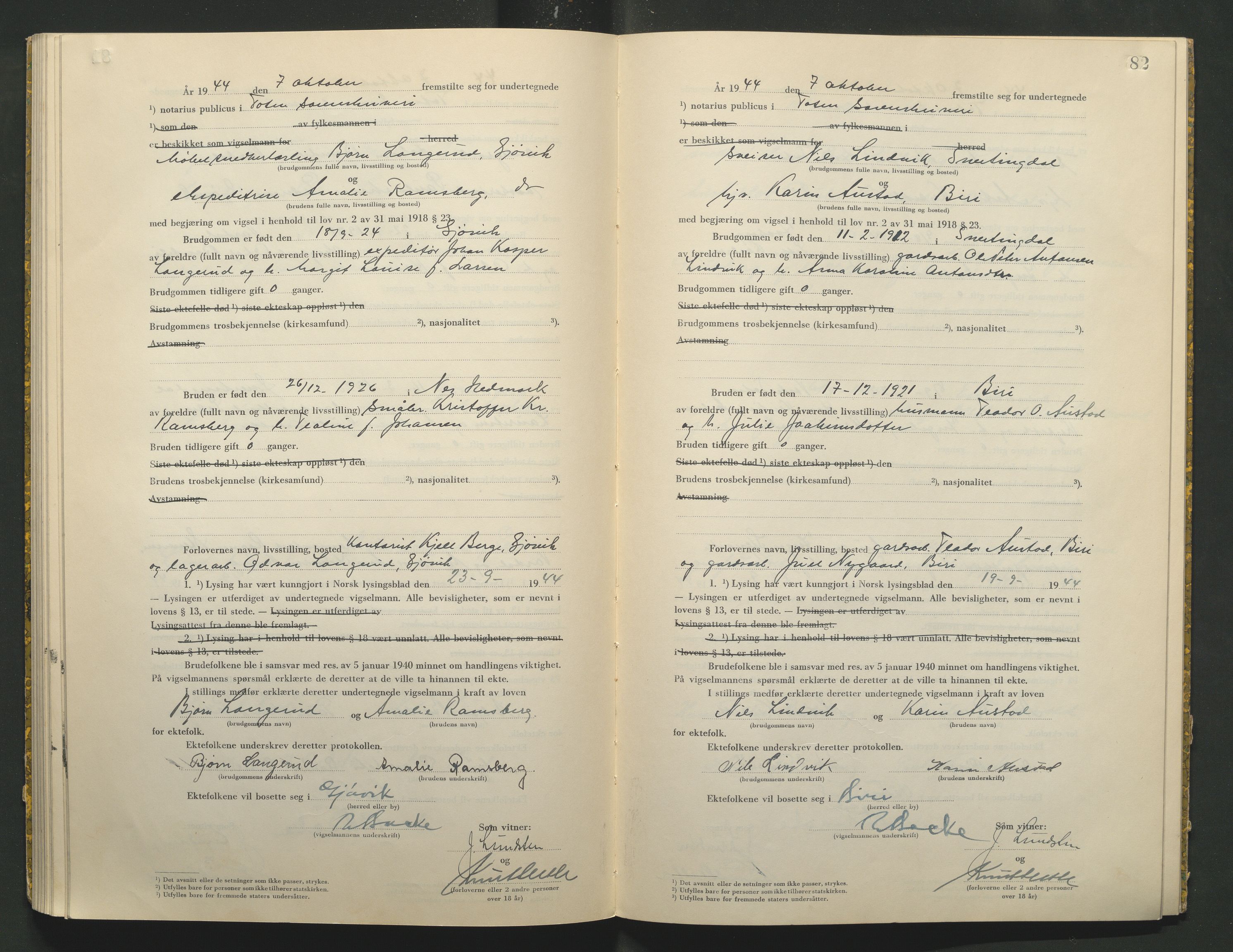 Toten tingrett, AV/SAH-TING-006/L/Lc/L0004: Vigselbok, 1944, p. 82