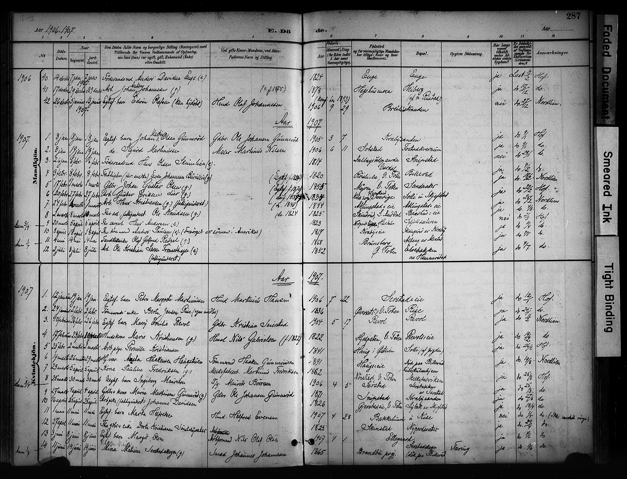 Østre Toten prestekontor, AV/SAH-PREST-104/H/Ha/Haa/L0008: Parish register (official) no. 8, 1897-1909, p. 287