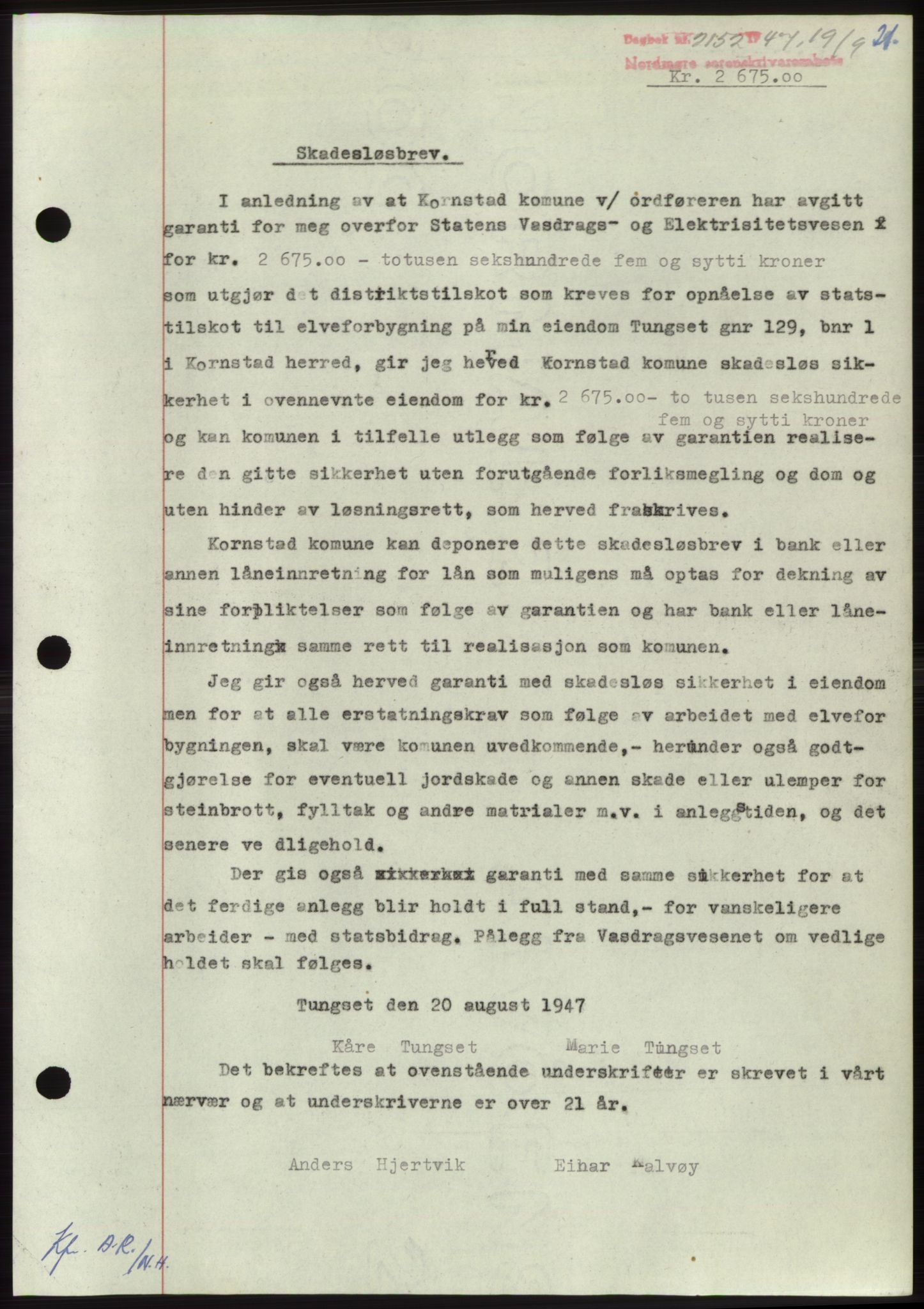 Nordmøre sorenskriveri, AV/SAT-A-4132/1/2/2Ca: Mortgage book no. B97, 1947-1948, Diary no: : 2152/1947