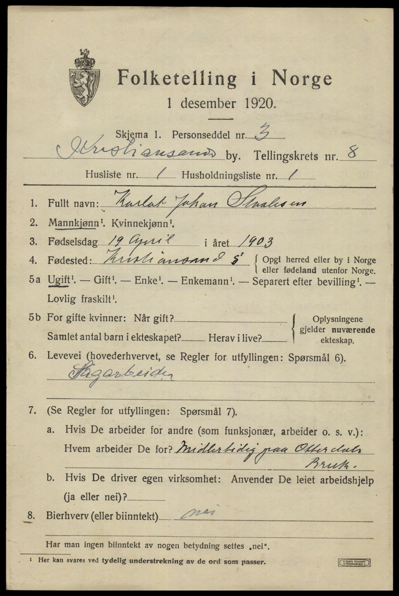 SAK, 1920 census for Kristiansand, 1920, p. 20937