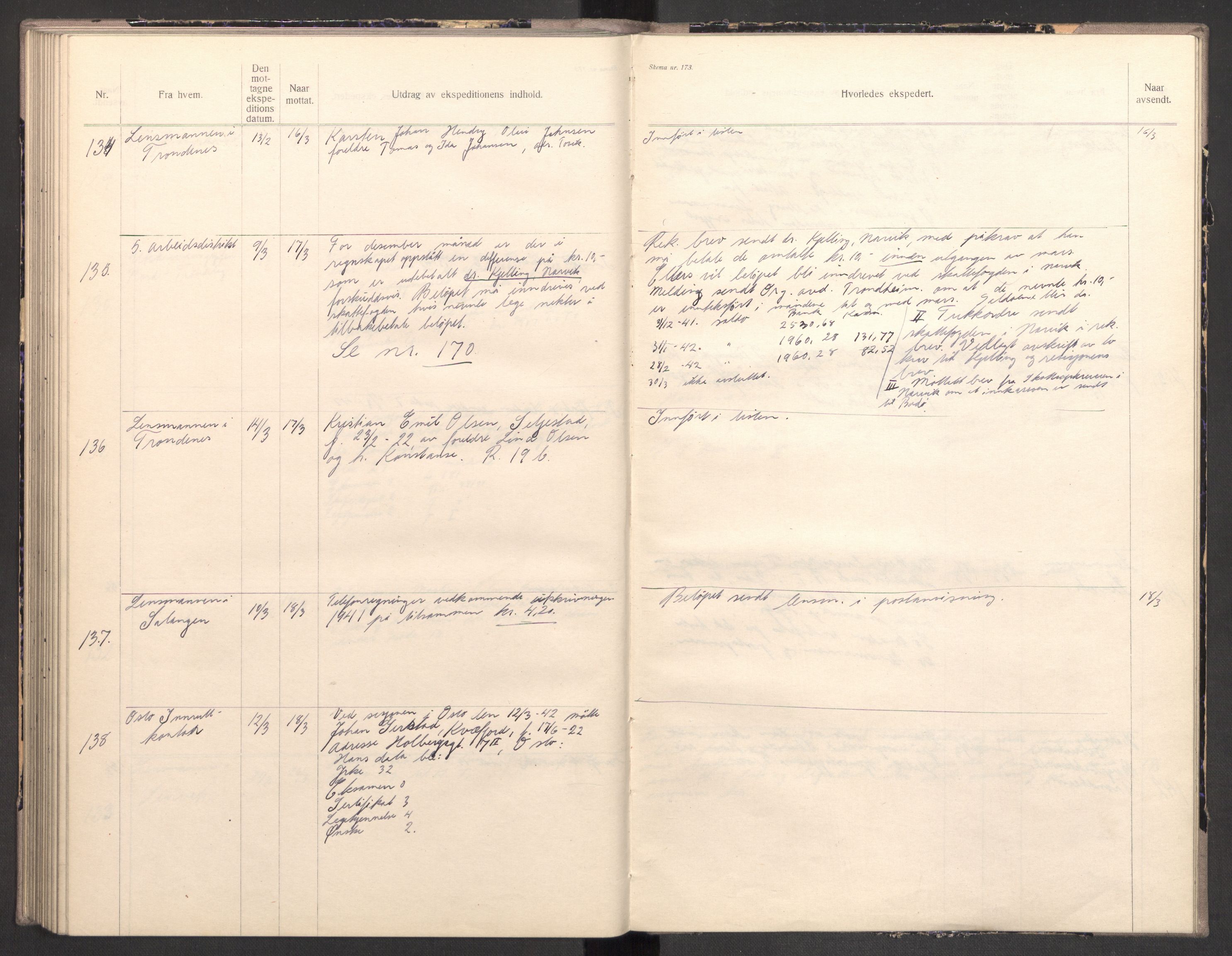 Norges arbeidstjeneste, AV/RA-S-5014/C/Ca/L0001: Journal for utskrivning Nordland og Troms, 1940-1942, p. 170