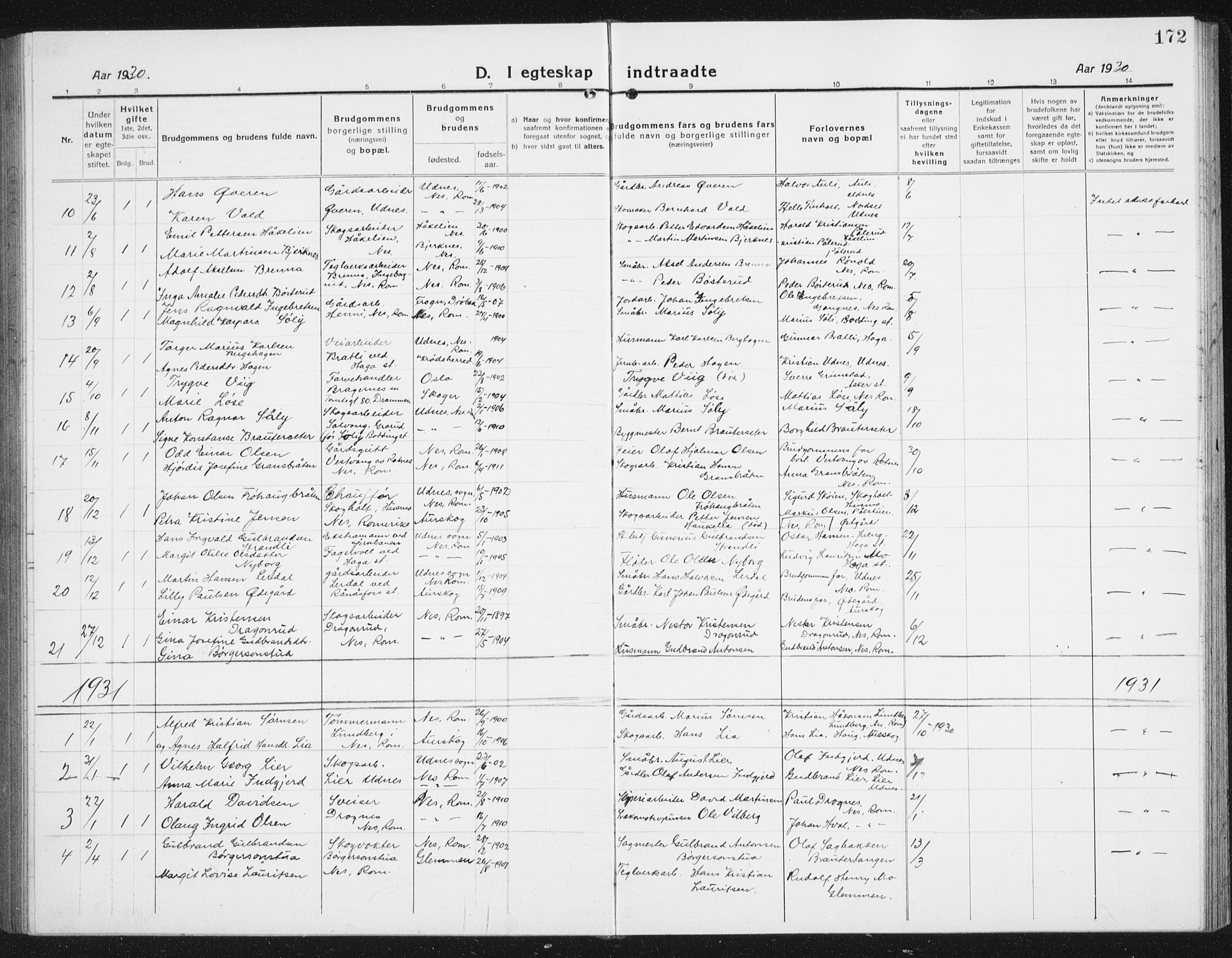 Nes prestekontor Kirkebøker, SAO/A-10410/G/Gc/L0002: Parish register (copy) no. III 2, 1915-1943, p. 172