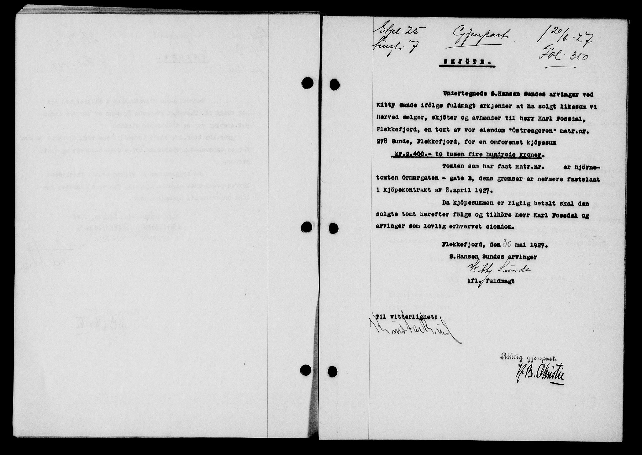 Flekkefjord sorenskriveri, SAK/1221-0001/G/Gb/Gba/L0043: Mortgage book no. 41, 1926-1927, Deed date: 20.06.1927