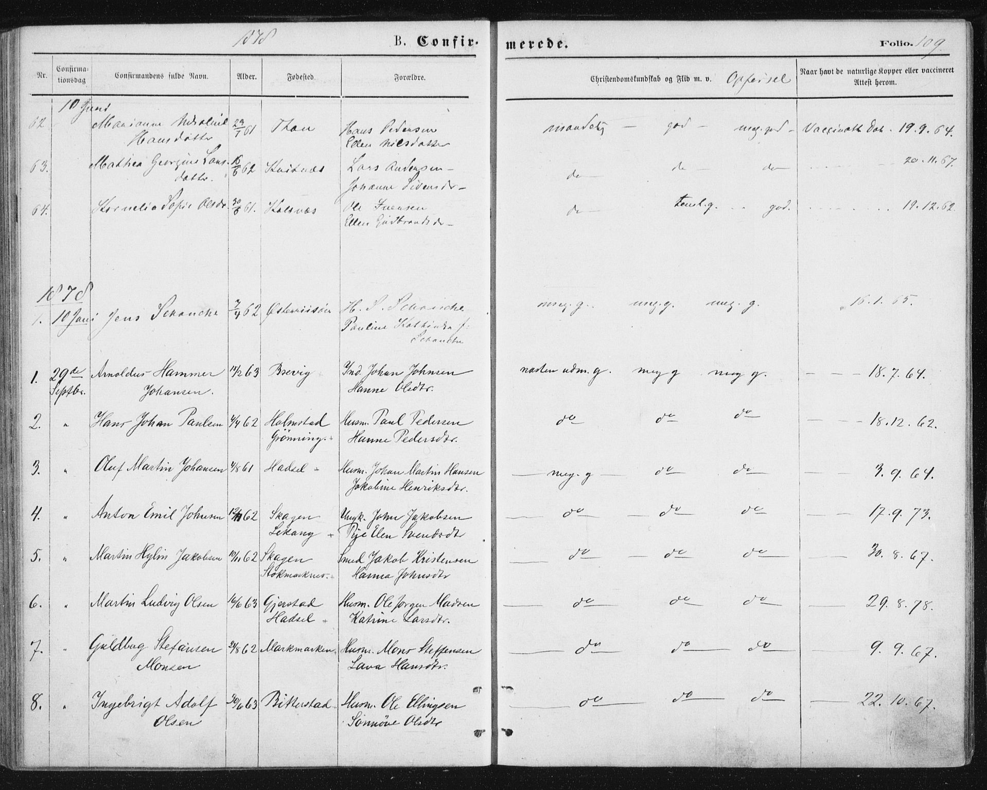 Ministerialprotokoller, klokkerbøker og fødselsregistre - Nordland, AV/SAT-A-1459/888/L1243: Parish register (official) no. 888A09, 1876-1879, p. 109