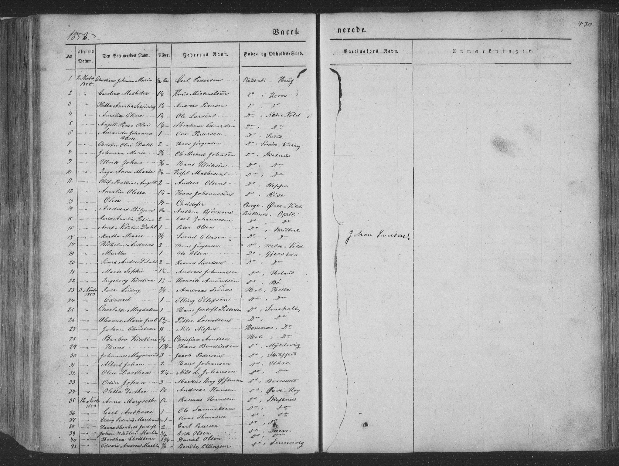 Ministerialprotokoller, klokkerbøker og fødselsregistre - Nordland, AV/SAT-A-1459/881/L1165: Parish register (copy) no. 881C02, 1854-1876, p. 430